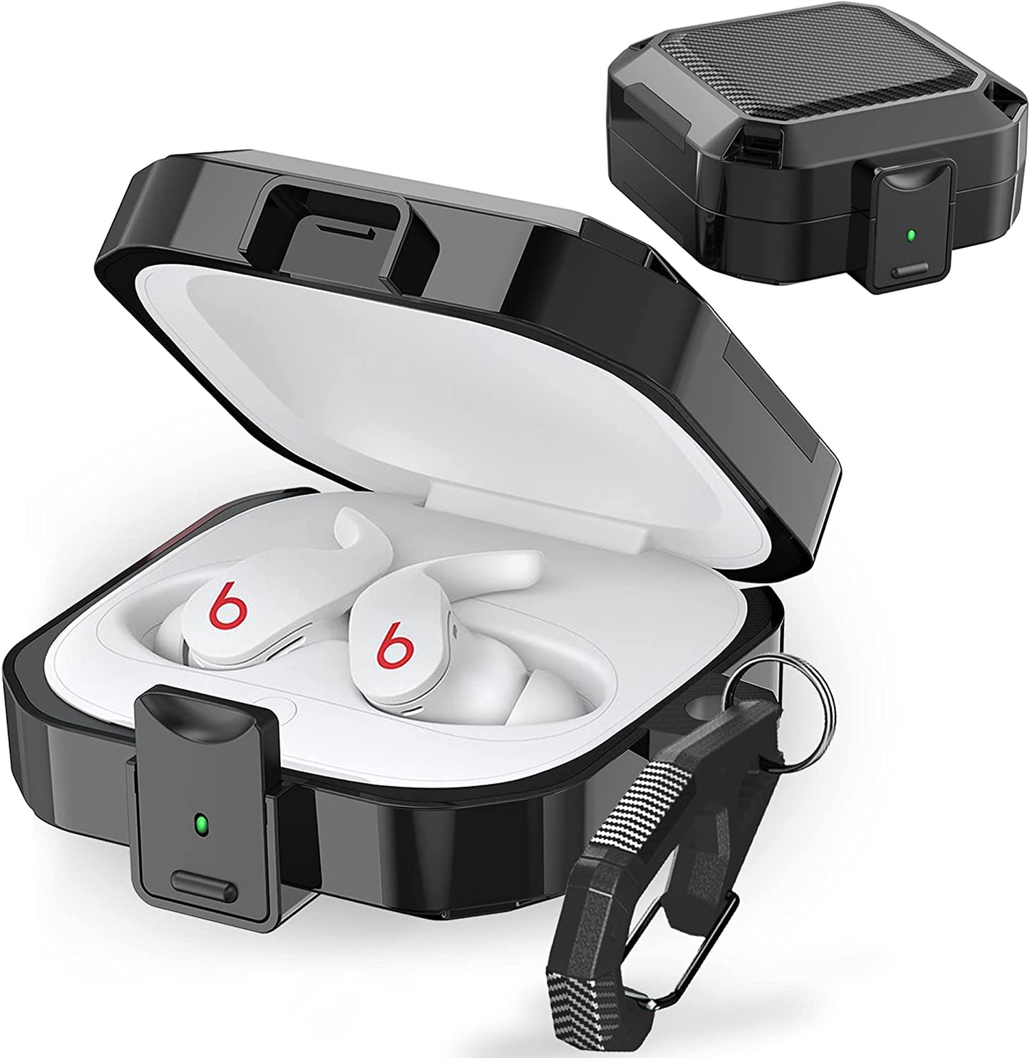 Secure Lock Case for Beats Fit Pro 2021, Carbon Fiber Texture Beats Fit Pro Earbuds Case Cover with Anti-Lost Keychain/Storage Box/Cleaning Brush/Wrist Strap. (White)  Mooyavia Black  