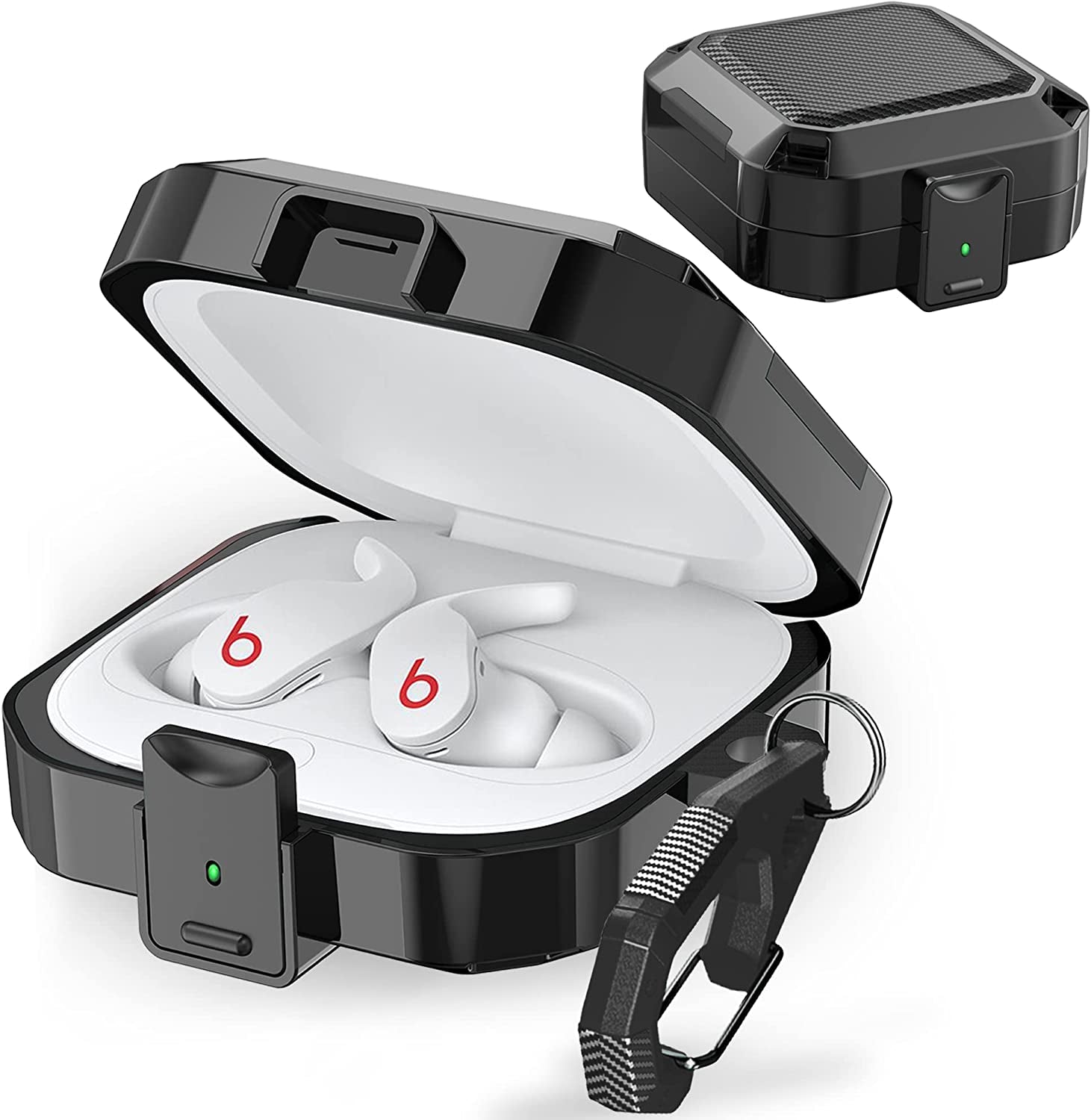 Secure Lock Case for Beats Fit Pro 2021, Carbon Fiber Texture Beats Fit Pro Earbuds Case Cover with Anti-Lost Keychain/Storage Box/Cleaning Brush/Wrist Strap. (White)  Mooyavia Black  