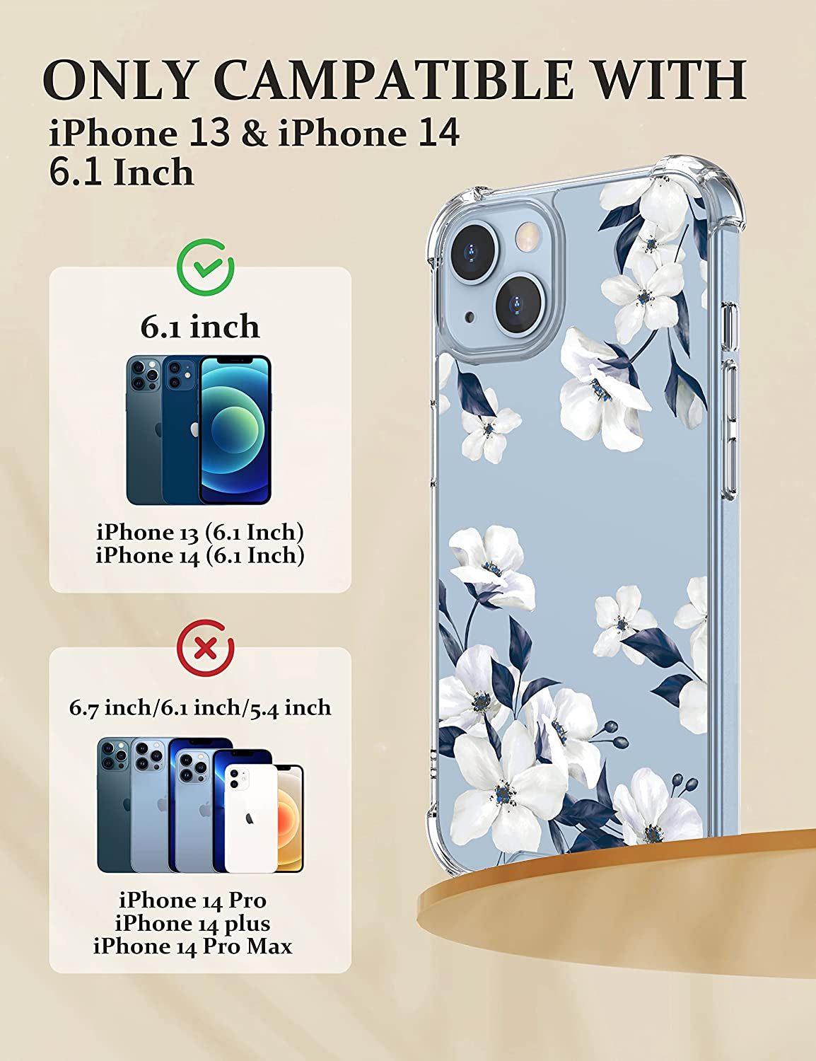 Cutebe [3 in 1 Crystal Phone Case for Iphone 13(2021)/Iphone 14(2022) 6.1", Cute Protective Cover with 9H Temper Glass Screen Protector + HD Temper Camera Lens Protector for Women, Girls  Cutebe   