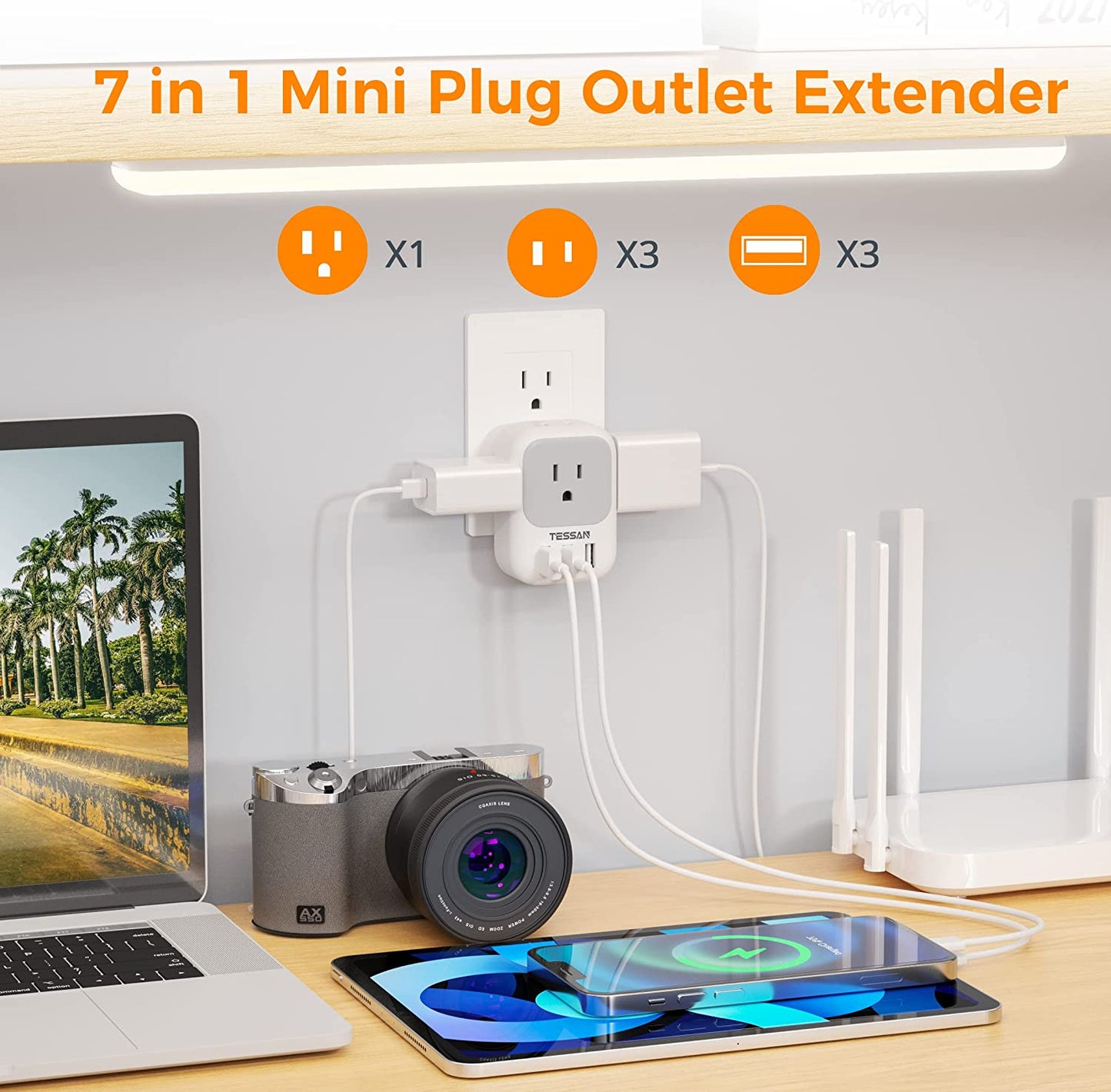 Multi Plug Outlet Extender with USB, TESSAN Electrical 4 Box Splitter 3 USB Wall Charger, Multiple Charging Station for Cruise, Travel, Office, Dorm Essentials  TESSAN   