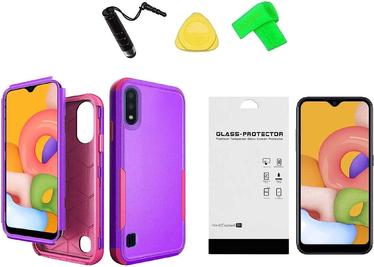 For Samsung Galaxy A01 S111DL SM-A015 Tuff Anti-Slip Hybrid Cover Phone Case + Tempered Glass + Extreme Band + Stylus Pen + Pry Tool (Pink)  ExtremeCases Purple  