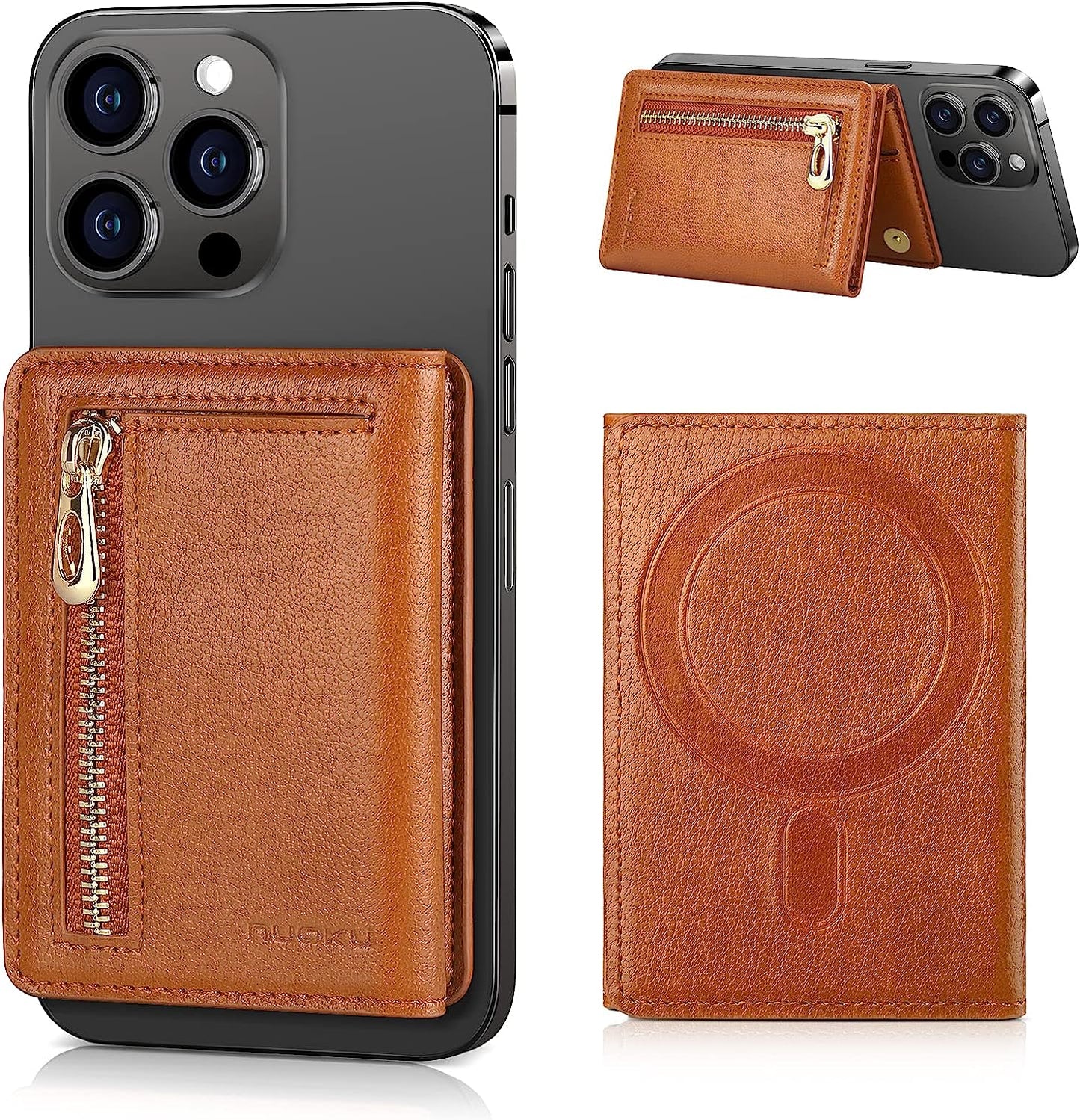 Nuoku Designed for Magsafe Wallet, Leather Magnetic Card Holder for Iphone 14 Pro Max/14 Pro/14 Plus/14 and 13/12 Series, NOT Compatible with 13/12 Mini  nuoku T-Brown  