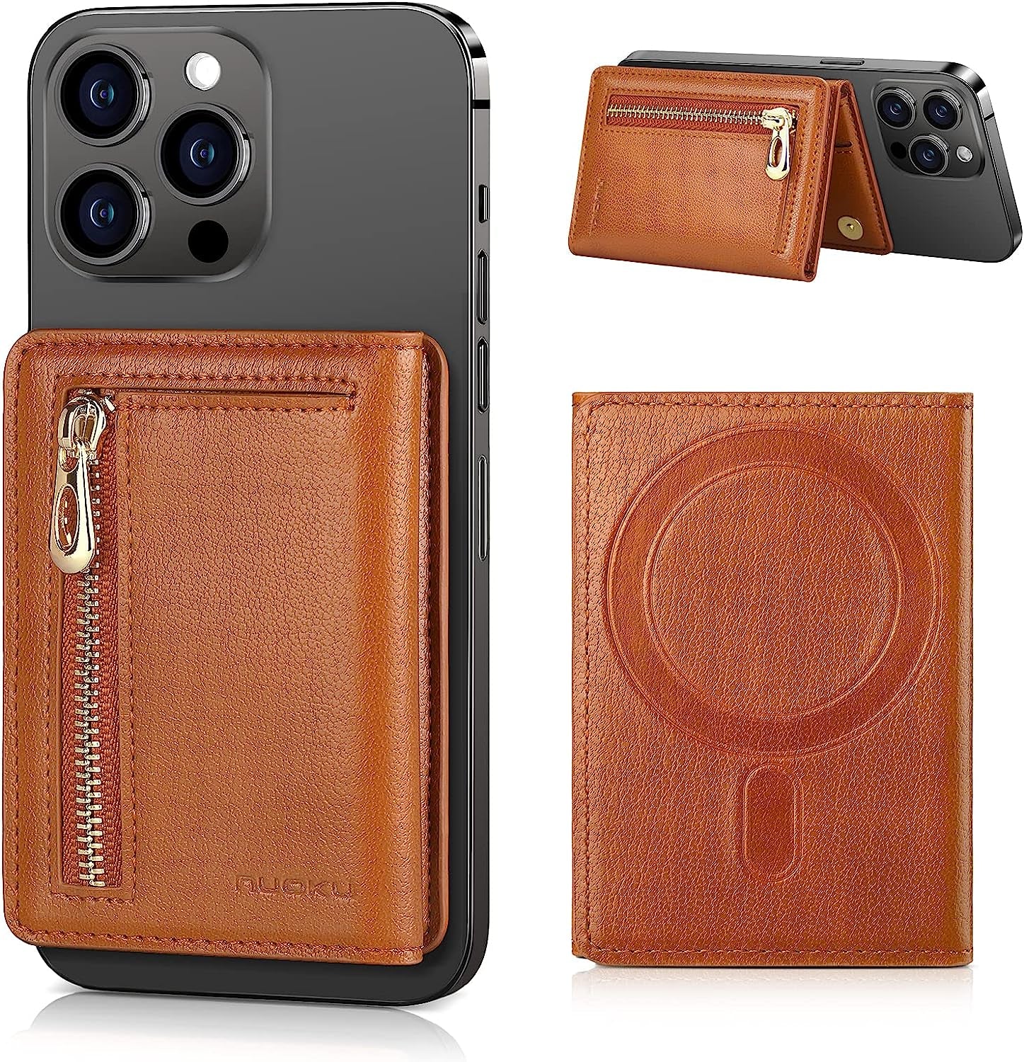 Nuoku Designed for Magsafe Wallet, Leather Magnetic Card Holder for Iphone 14 Pro Max/14 Pro/14 Plus/14 and 13/12 Series, NOT Compatible with 13/12 Mini  nuoku T-Brown  