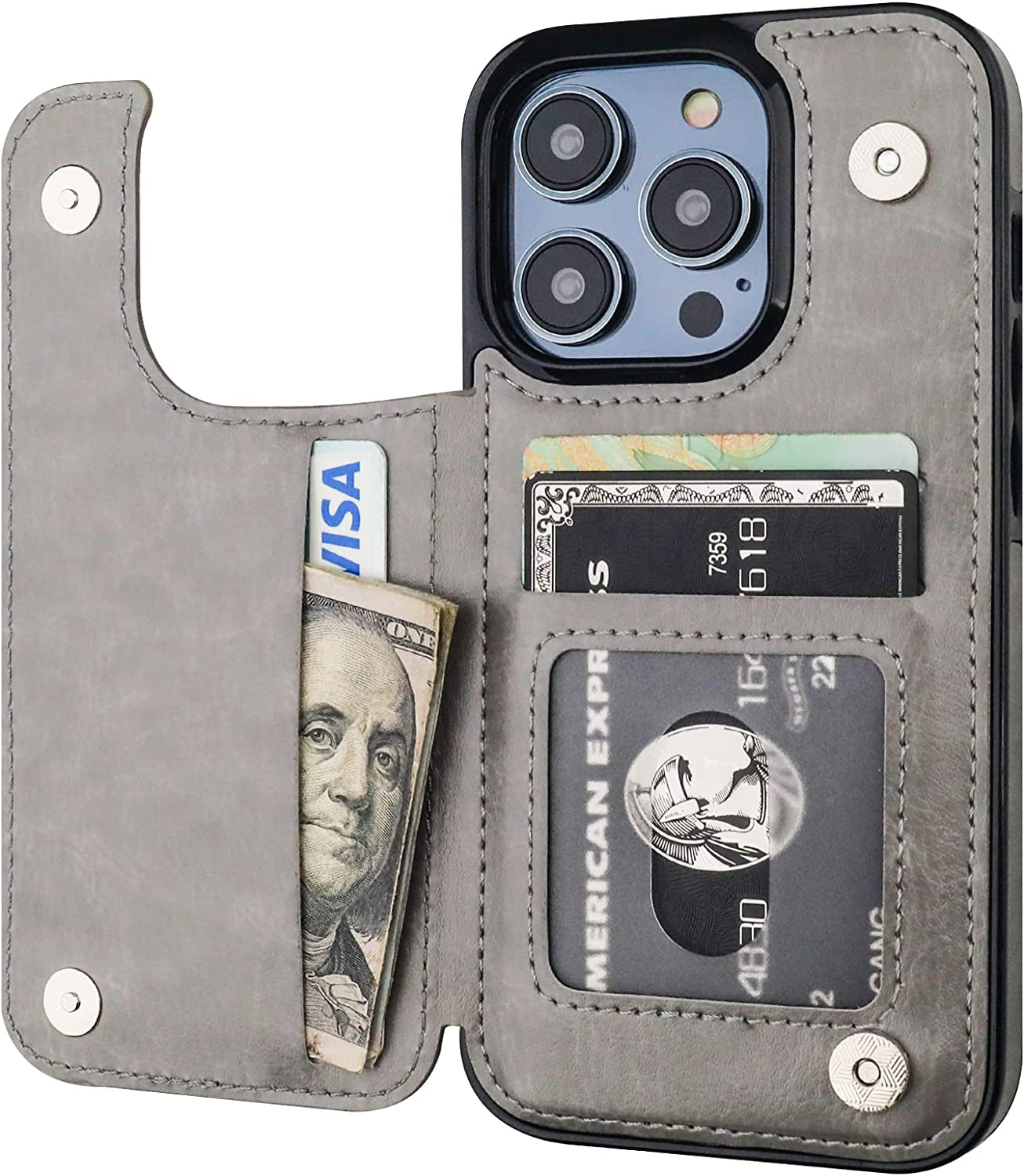 ONETOP Compatible with Iphone 14 Pro Wallet Case with Card Holder, PU Leather Kickstand Card Slots Case, Double Magnetic Clasp and Durable Shockproof Cover 6.1 Inch (Blue)  Onetop Gray  