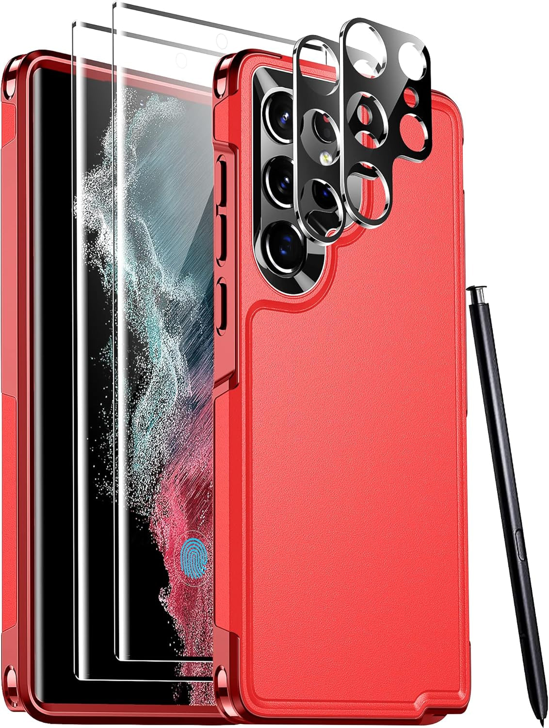 Temdan [Heavy Shockproof for Samsung Galaxy S22 Ultra Case,With 2 Pack [Soft Screen Protector + Camera Lens Protector] [Military Grade Drop Protection] Tough Rugged Full-Body Protection Phone Case Red  Temdan   