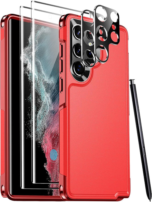 Temdan [Heavy Shockproof for Samsung Galaxy S22 Ultra Case,With 2 Pack [Soft Screen Protector + Camera Lens Protector] [Military Grade Drop Protection] Tough Rugged Full-Body Protection Phone Case Red  Temdan   