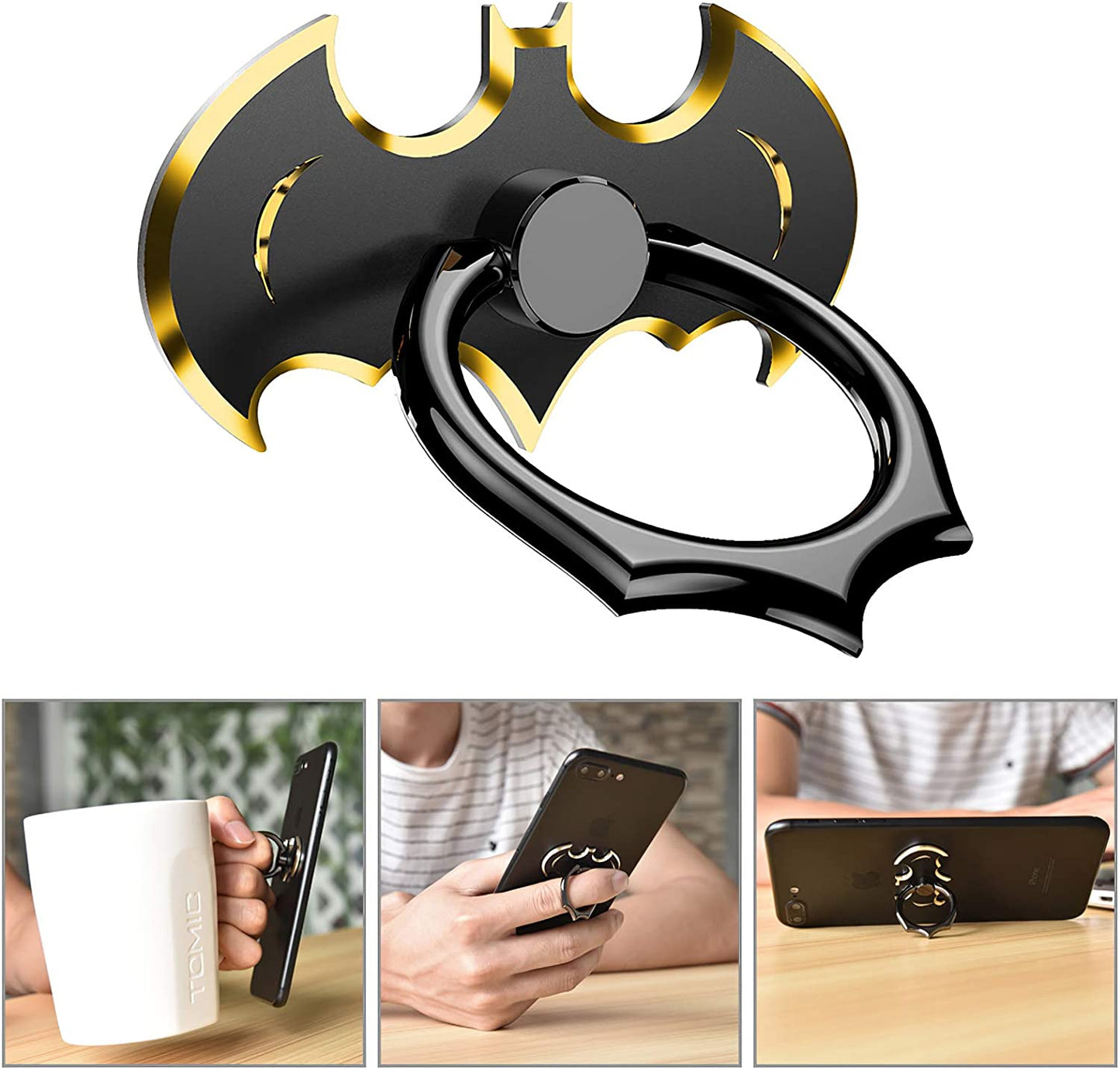 Bat Phone Ring Stand Holder - OATSBASF Cell Phone Ring Holder Finger Grip 360 Degree Rotation Compatible with Iphone 12/11 Pro Max/Se 2020 and Other Smartphones（Black+Gold）  OATSBASF   
