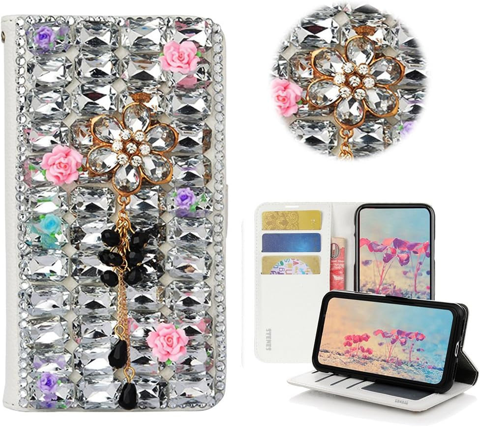STENES LG G6 Case, LG G6 plus Case - STYLISH - 3D Handmade Crystal Dreamcatcher Pearl Pendant Wallet Credit Card Slots Fold Stand Leather Cover Case for LG G6/LG G6 plus - Multicolor  STENES Flowers Pendant Rose Floral / White  