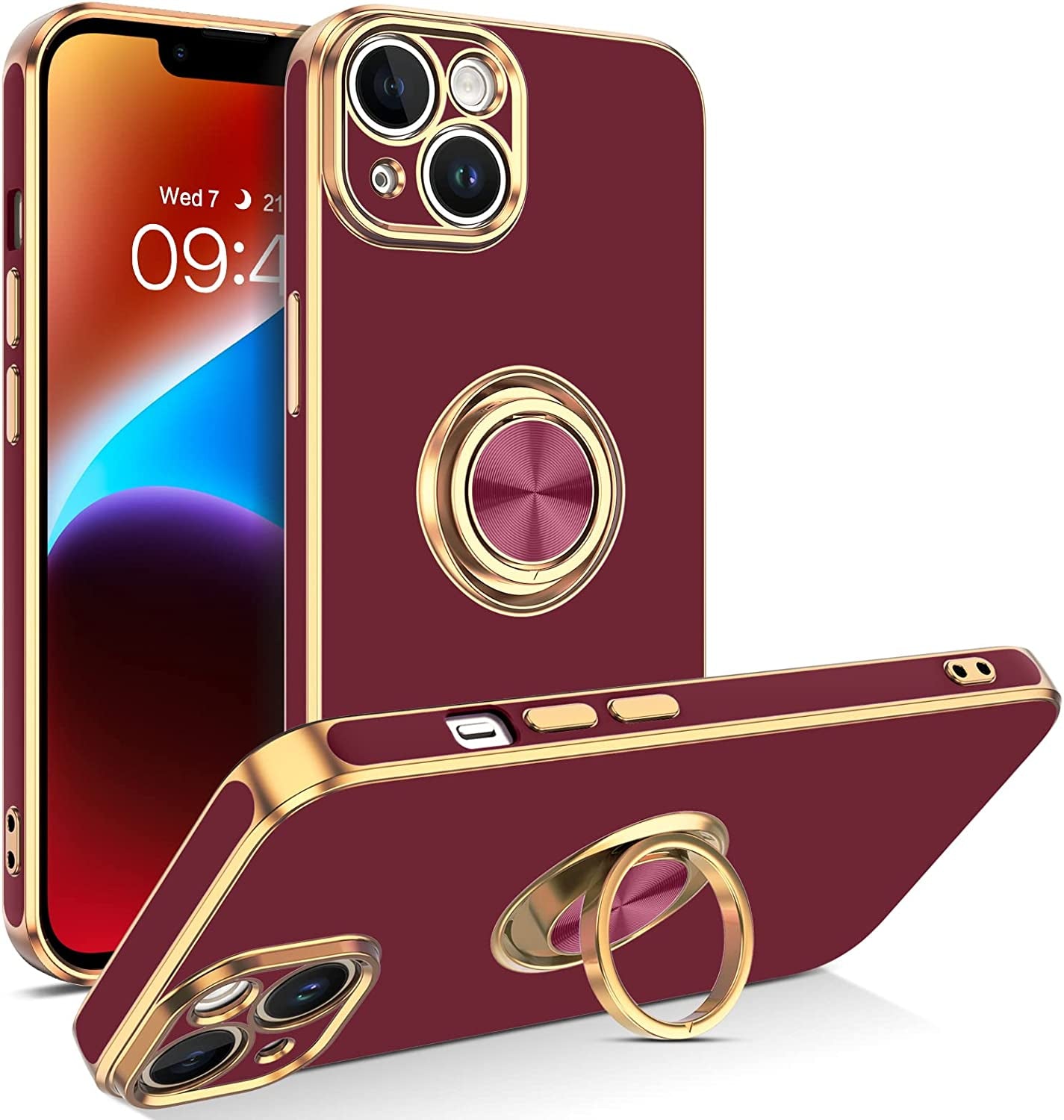 VENINGO Iphone 14 Case,Phone Cases for Iphone 14,Slim Fit Soft 360° Ring Holder Kickstand Magnetic Car Mount Supported Easy Clean Shockproof Protective Cover for Apple Iphone 14 6.1" 2022,Black/Golden  VENINGO RN266-Wine Red  