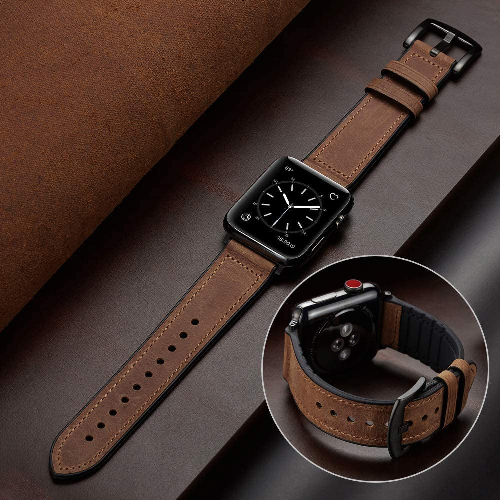 OUHENG Compatible with Apple Watch Band 49Mm 45Mm 44Mm 42Mm, Sweatproof Genuine Leather and Rubber Hybrid Band Strap for Iwatch Ultra Series 8 7 6 5 4 3 2 1 SE2 SE, Brown Band with Black Adapter  OUHENG   