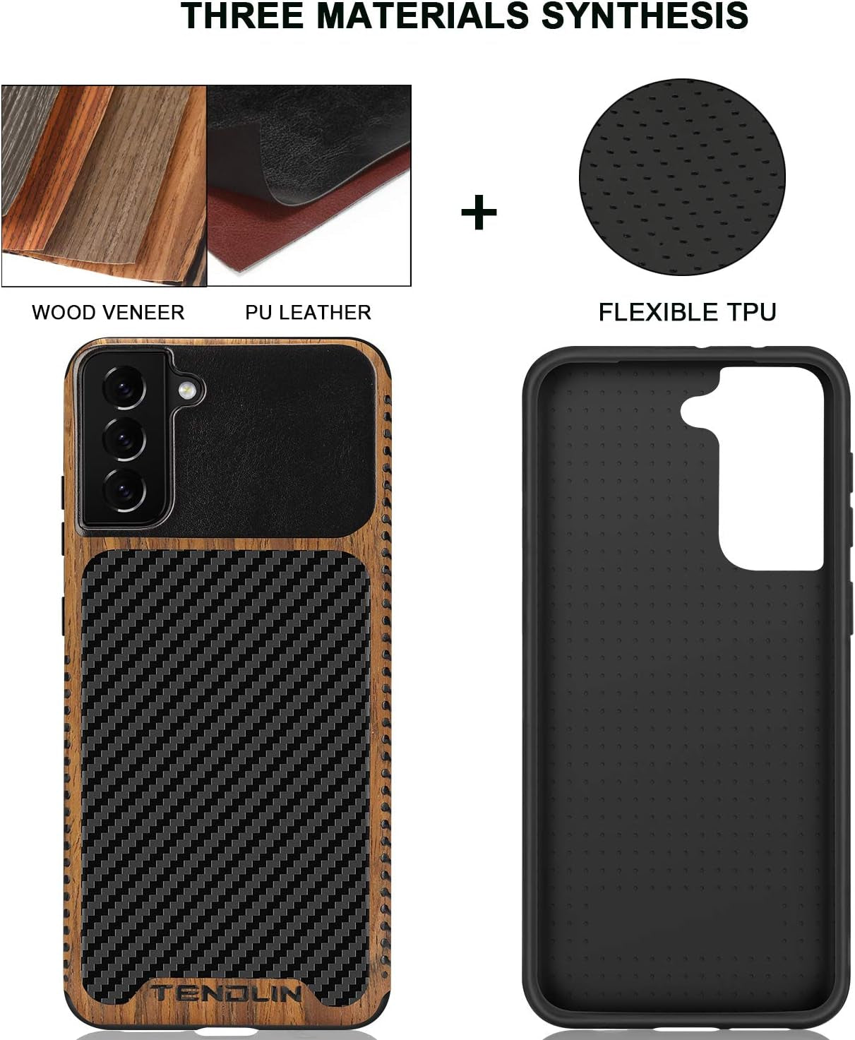 TENDLIN Compatible with Samsung Galaxy S21 plus Case Wood Grain with Carbon Fiber Texture Design Leather Hybrid Case Black  TENDLIN   
