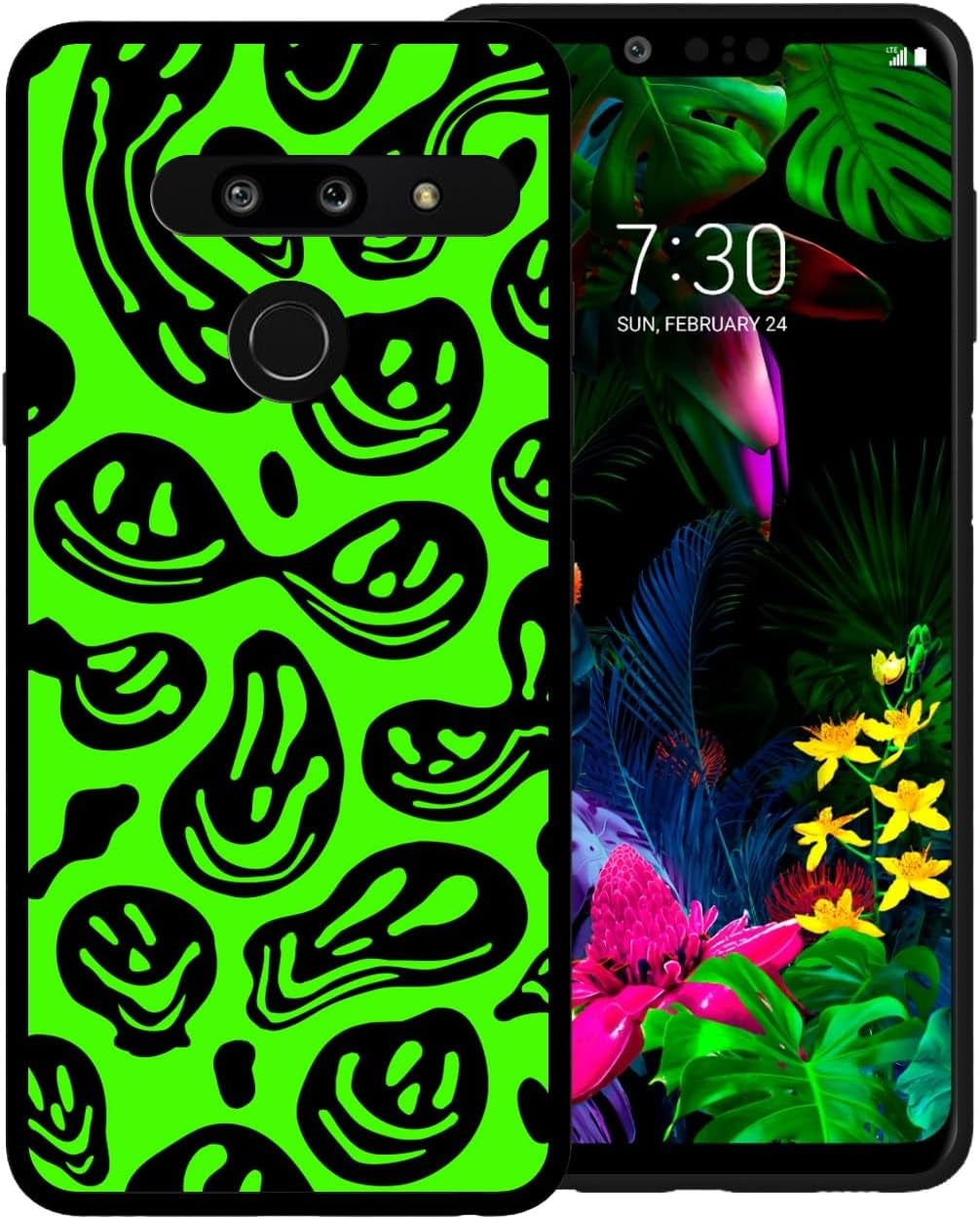 Zaztify Phone Case for LG G8 Thinq, Pastel Pink White Funny Trippy Dripping Smile Melted Hippie Smiling Skull Ghost Face Shockproof Protective Cover Shell  zaztify Green-Black Trippy Face  