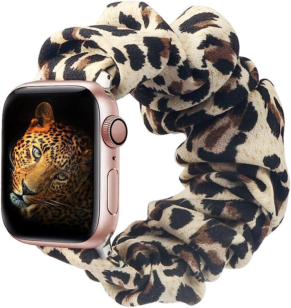 BMBMPT Scrunchie Elastic Watch Band Compatible with Apple Watch Band 38Mm 40Mm 41Mm 42Mm 44Mm 45Mm Cloth Soft Pattern Printed Fabric Wristband for Iwatch Series 8 7 6 5 4 3 2 1 SE  BMBMPT A-Leopard 42mm/44mm/45mm Large size 