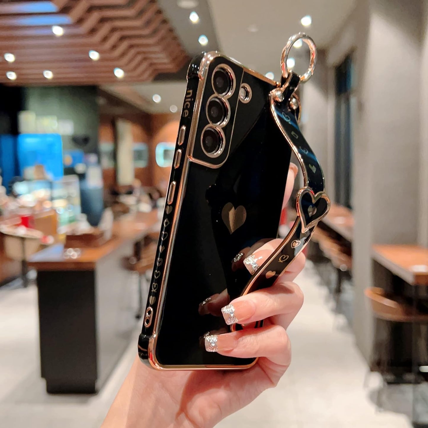 DEFBSC Compatible with Samsung Galaxy S22 Case, Electroplated Edge Love Heart Case with Wrist Strap, Full Camera Protection Raised Reinforced Corners Shockproof Soft TPU Cover, Black  DEFBSC   
