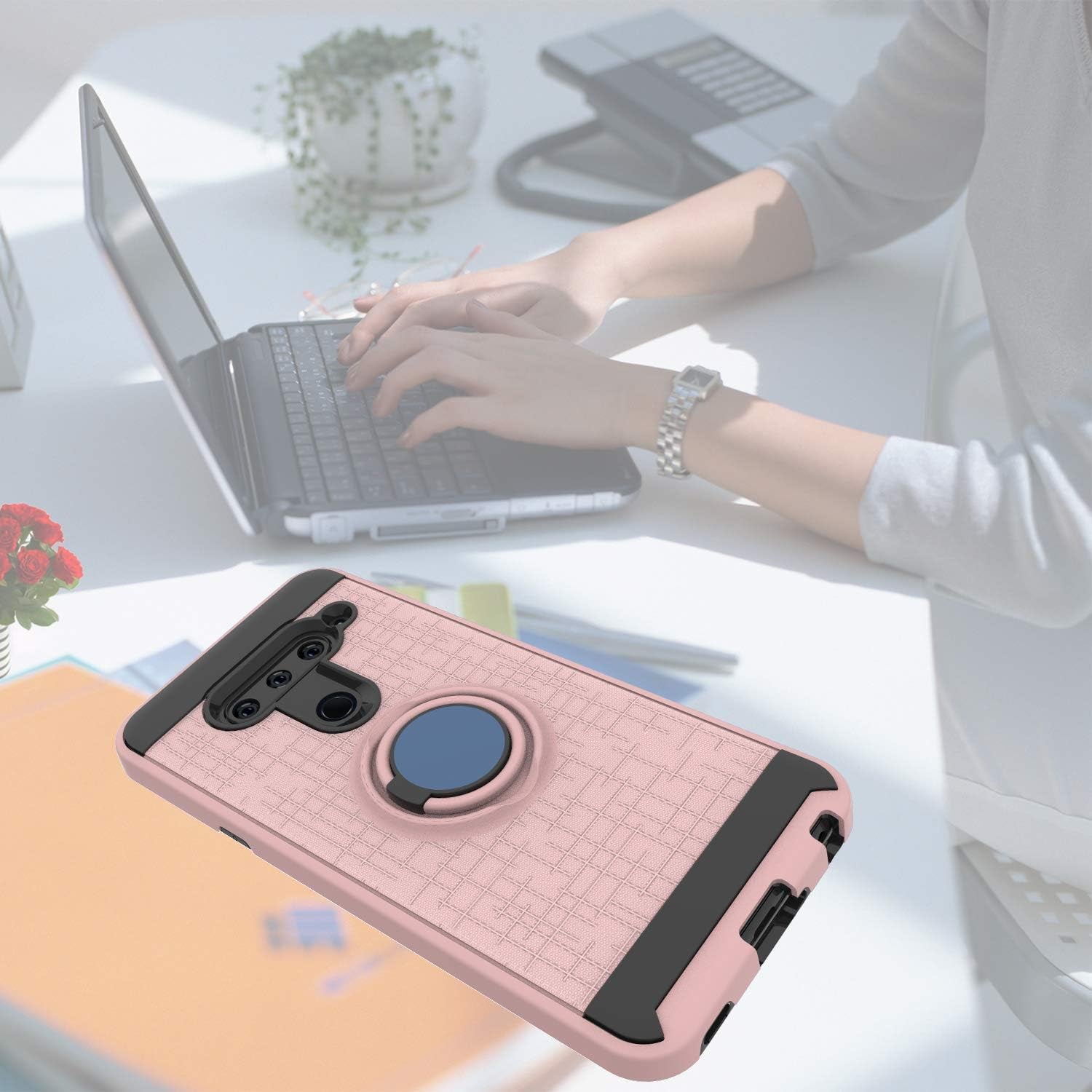 Ayoo Compatible with LG V40 Case,Lg V40 Thinq Case, LG V40 Phone Cases,360 Degree Rotating Ring Stand Fishnet Full Bodystocking Dual Layer Shock-Absorption for LG V40-ZK Rose Gold  Ayoo   