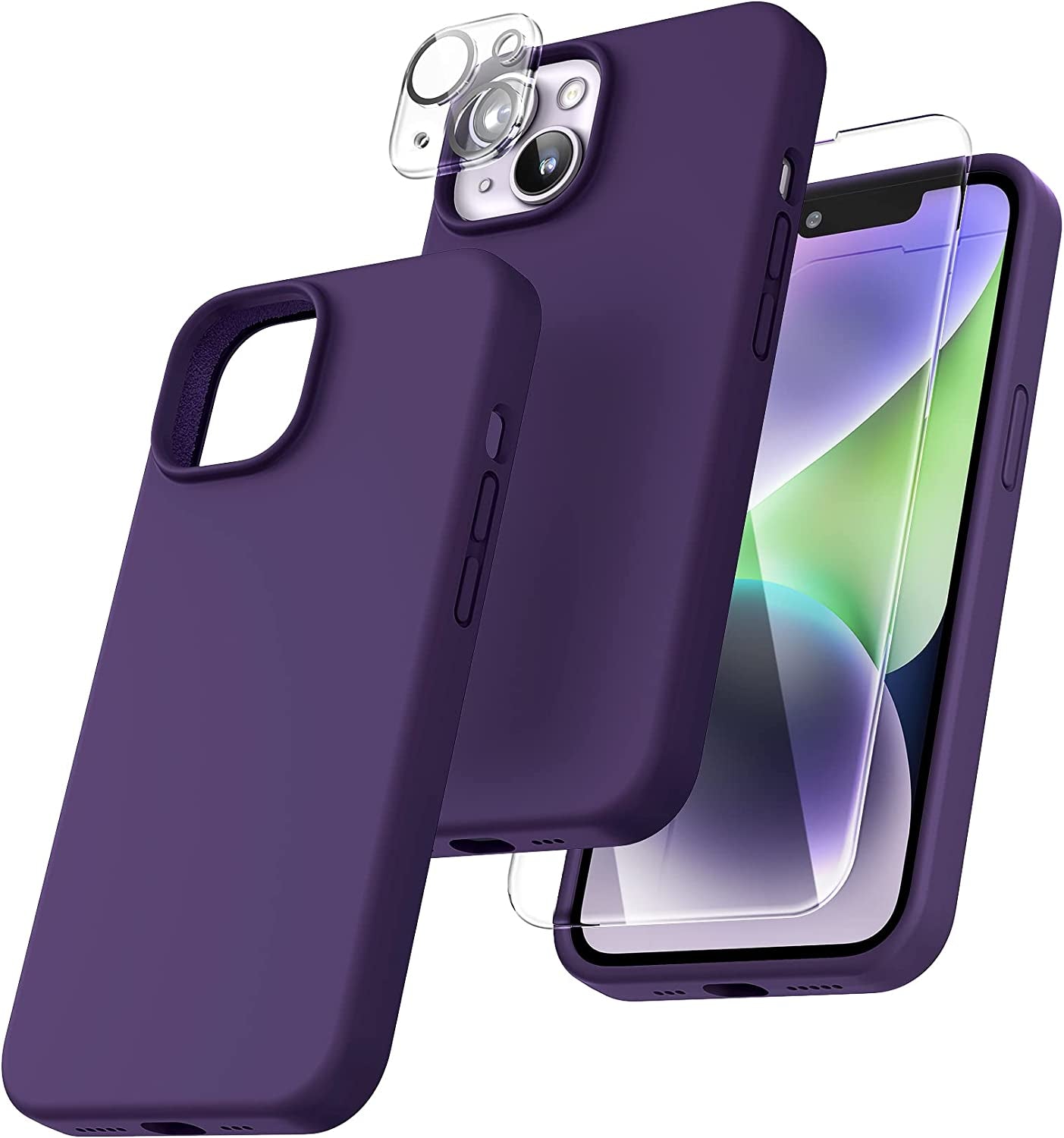 TOCOL 5 in 1 for Iphone 14 plus Case, 2X Screen Protector + 2X Camera Lens Protector, Slim Liquid Silicone Phone Case for Iphone 14 plus 6.7 Inch, [Anti-Scratch] [Drop Protection], Canary Yellow  TOCOL Midnight Purple  