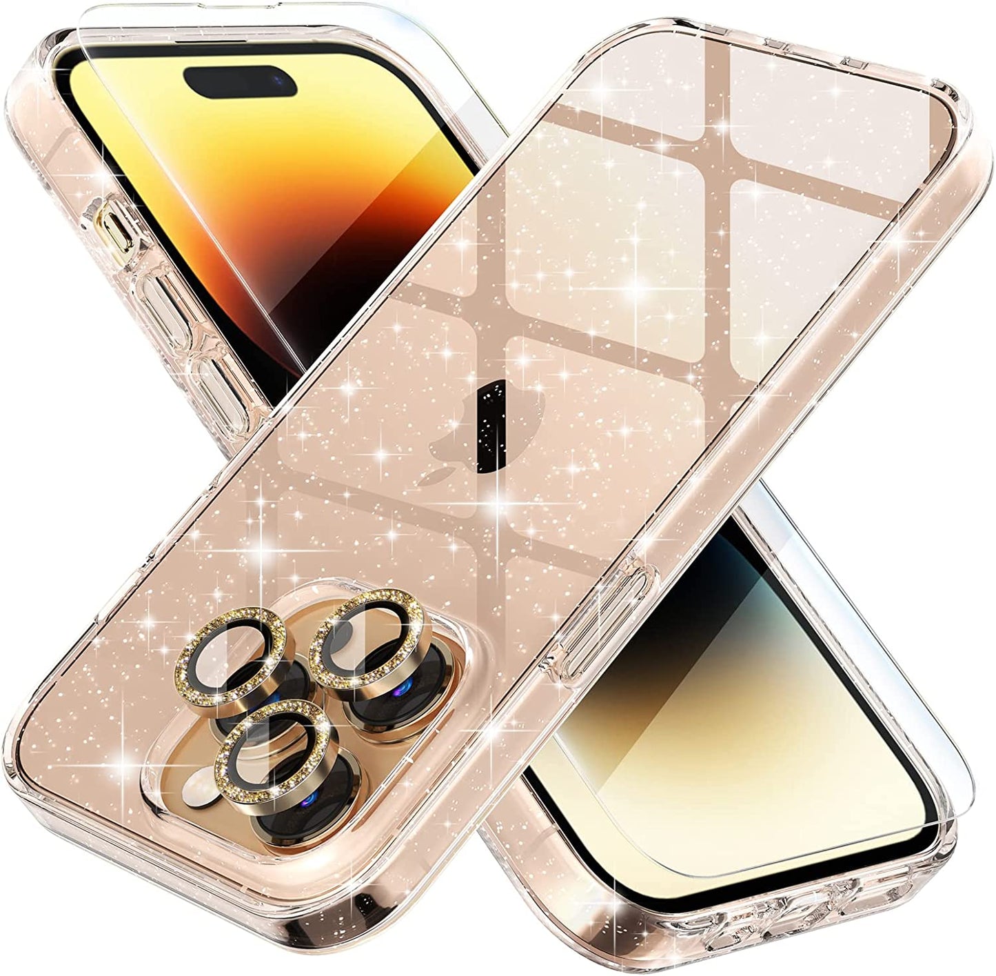 Choiche Compatible for Iphone 14 Case Cute, Women Clear Glitter Bling Sparkly Case, [2 X Diamond Camera Lens Protectors] [2 X Tempered Glass Screen Protectors] 6.1-Inch (Glitter Clear)  Choiche Glitter Gold iPhone 14 Pro 