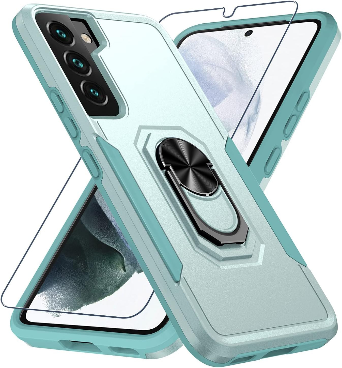 Samsung Galaxy S22 Case with Screen Protector Tempered Glass [Not for S22+] ,Heavy Duty Shockproof Full Body Phone Cover[Dual Layer][Hard PC Back],Built in Finger Ring Stable Kickstand,2022 Black  Janmitta Mint Green  