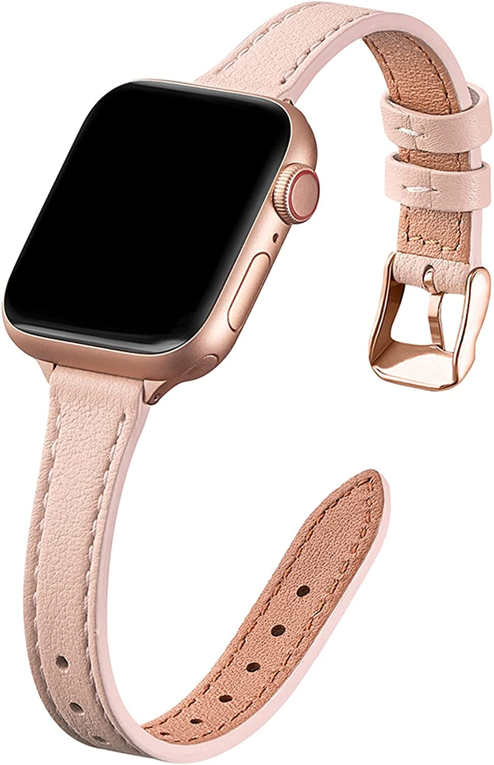 STIROLL Slim Leather Bands Compatible with Apple Watch Band 38Mm 40Mm 41Mm 42Mm 44Mm 45Mm 49Mm, Top Grain Leather Watch Thin Wristband for Iwatch Ultra SE Series 8/7/6/5/4/3/2/1  STIROLL Pale pink with Rose Gold 42mm/44mm/45mm/49mm 