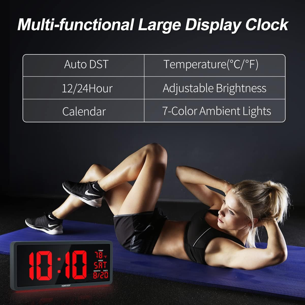 YORTOT 16” Large Digital Wall Clock with Remote Control - Adjustable Dimmer, 7 Color Night Lights, Big LED Clock with Indoor Temperature, Date, Auto DST, 12/24Hour, Wall Mount/Foldable Stand  YORTOT   