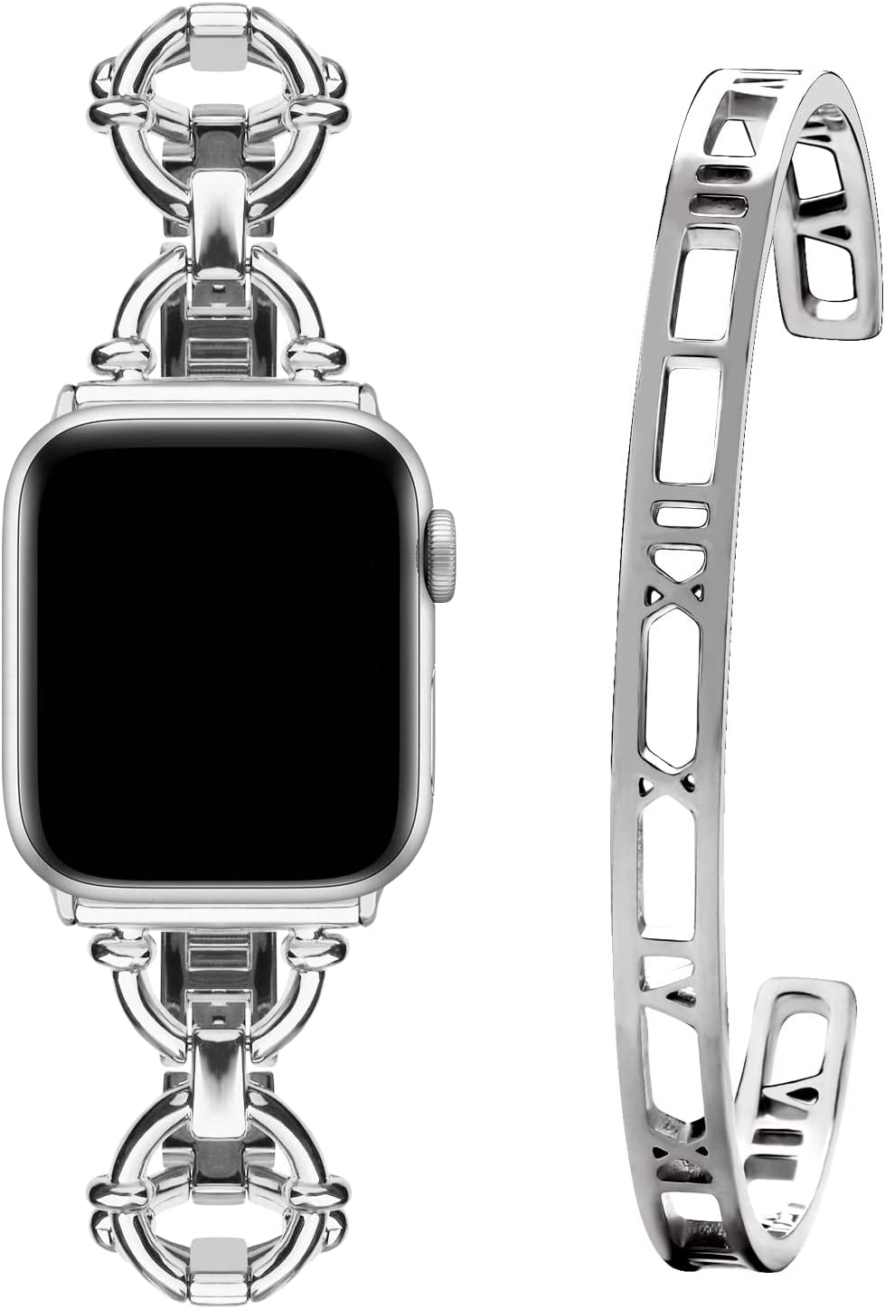 Wutwuk Compatible with Apple Watch Band 38Mm 40Mm 41Mm, Iwatch Bands Strap for Apple Watch SE Series 8 7 6 5 4 3 2 1, Women Dressy Roman Numerals Bangle Bracelets Set, Gold  wutwuk Silver+Numeral 38mm/40mm/41mm 