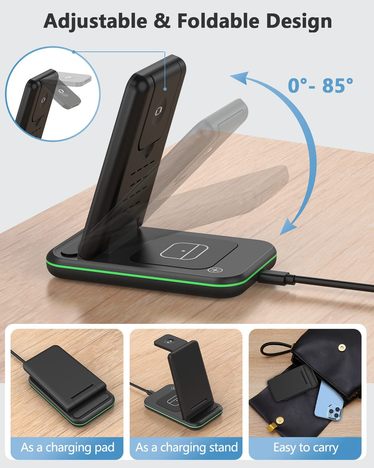 Wireless Charger, 3 in 1 Fast Wireless Charging Station, Wireless Charging Stand Dock 18W Foldable for Apple Watch SE/7/6/5/4/3/2 Airpods 3/2/Pro Iphone 13/12/11/Pro/Xs/Xs Max/Xr/X/Se/8/8 Plus  Bauhoo   