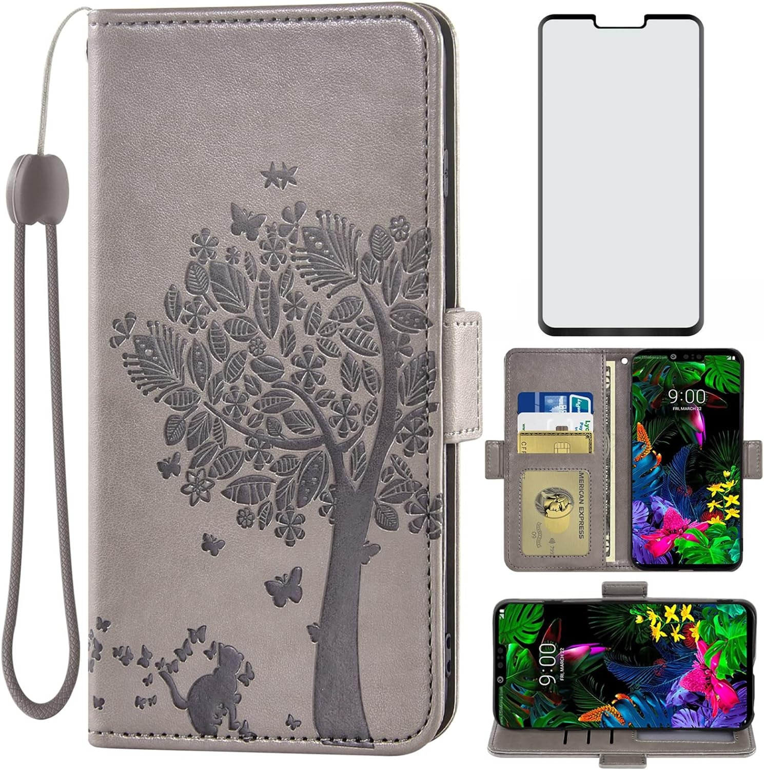 Asuwish Compatible with LG G8 Thinq Wallet Case and Tempered Glass Screen Protector Flip Wrist Strap Card Holder Stand Cell Phone Cover for LGG8 Thin Q G 8 LG8 G8Thinq Lgg8Thinq 8G Women Men Gray  Asuwish   