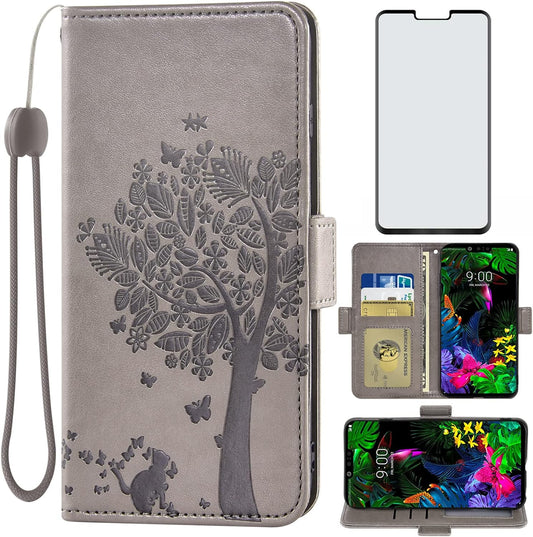 Asuwish Compatible with LG G8 Thinq Wallet Case and Tempered Glass Screen Protector Flip Wrist Strap Card Holder Stand Cell Phone Cover for LGG8 Thin Q G 8 LG8 G8Thinq Lgg8Thinq 8G Women Men Gray  Asuwish   