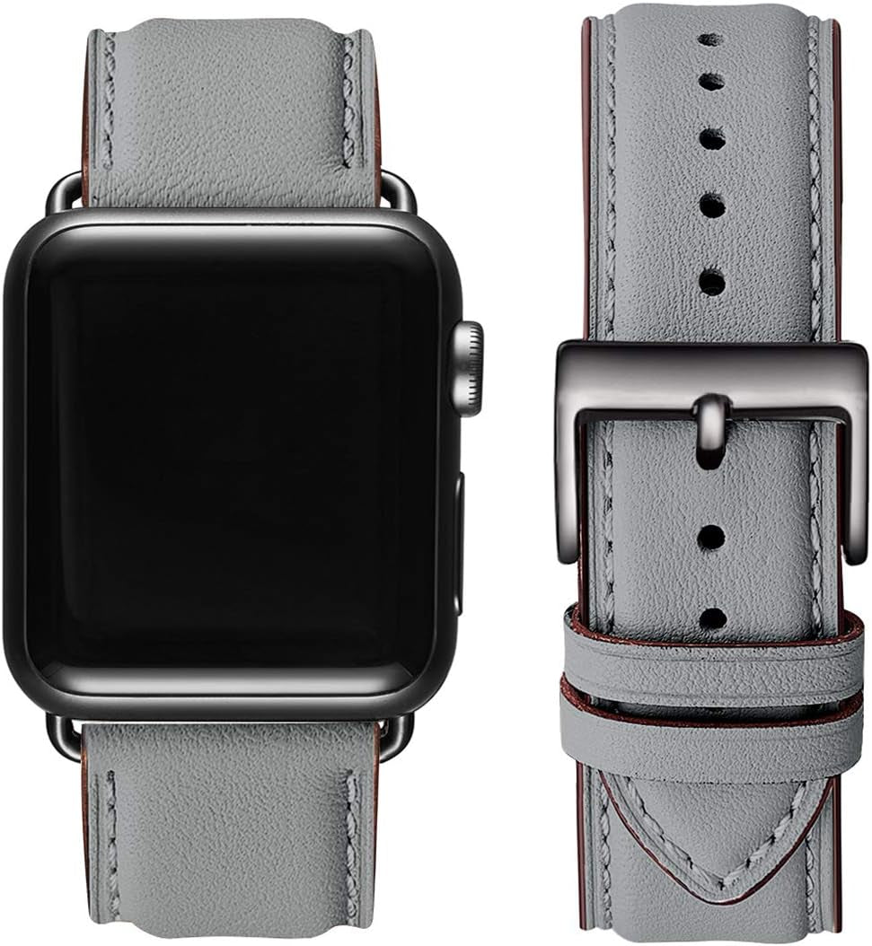 OMIU Square Bands Compatible with Apple Watch Band 38Mm 40Mm 41Mm 42Mm 44Mm 45Mm 49Mm, Genuine Leather Wristband Starp for Iwatch SE Series 8 7 6 5 4 3 2 1 Utral for Women Men(Ivory White/Rose Gold)  BestWayStore Gray/Black 42mm 44mm 45mm 49mm 