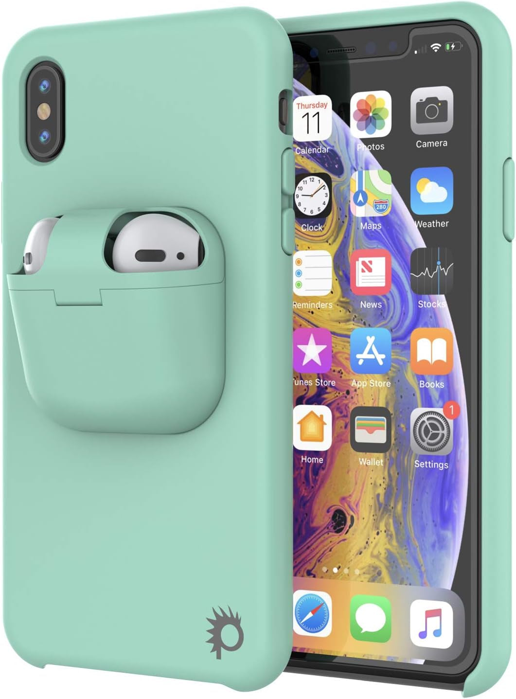Punkcase Iphone Xs Max Airpods Case Holder (Centerpods Series) | Slim & Durable 2 in 1 Cover Designed for Iphone Xs Max (6.5") | Protects Your Phone & Stores Your Airpods Gen. 1 & 2 [White]  punkcase Teal  