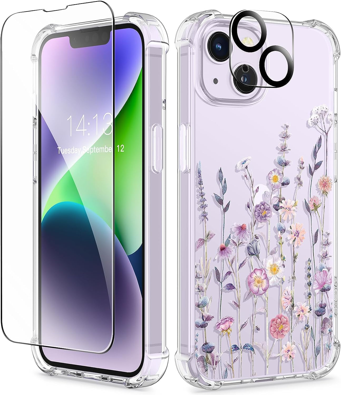 GVIEWIN Case Compatible with Iphone 14 plus 6.7 Inch,With Screen Protector + Camera Lens Protector, Clear Flower Shockproof Soft Protective Floral Women Phone Cover, 2022 (Cherry Blossoms/Purple)  GVIEWIN Floratopia/Colorful  