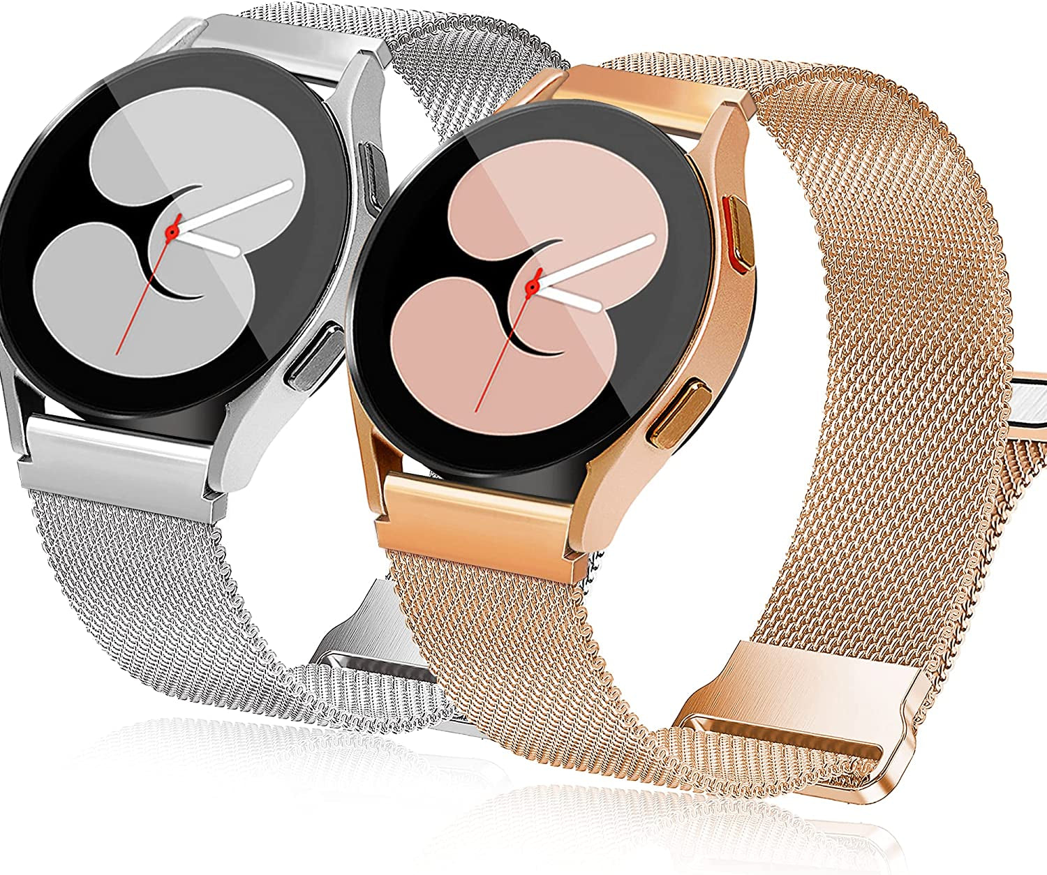 3 Packs Upgrade Double Magnetic Galaxy Watch 5/4 Band, Mesh Loop 20Mm Breathable & Comfortable Band, Compatible with Samsung Watch 5 Band/Galaxy Watch 4 Band/Watch 5 Pro Band/Active 2/ Watch 3 41Mm  YGTIECS Rose gold & Silver (2 Magnets Clasp) 20mm 