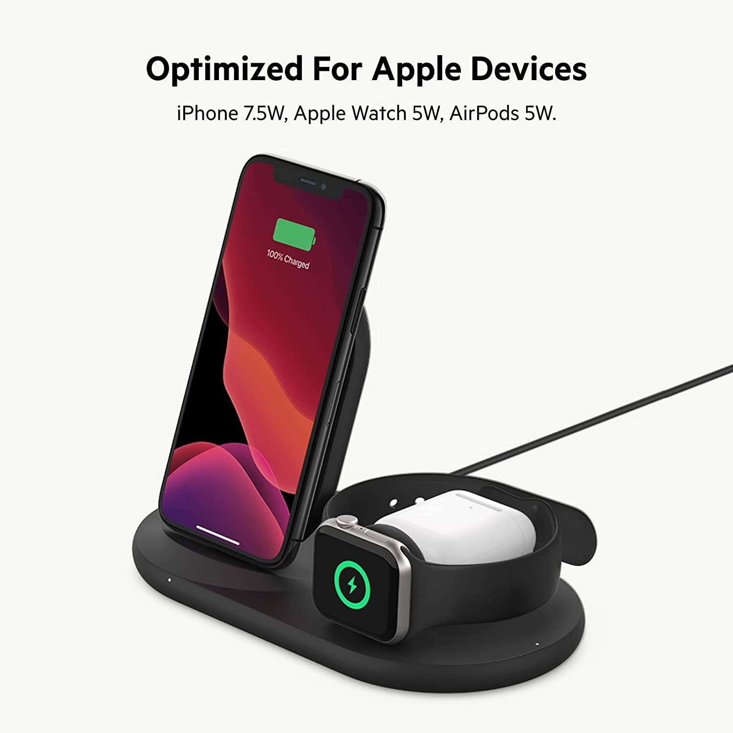 Belkin 3-In-1 Wireless Charger - Fast Wireless Charging Stand for Apple Iphone, Apple Watch & Airpods - Iphone Case Compatible Qi Charger - Wireless Charging Station for Multiple Devices - Black  Belkin   
