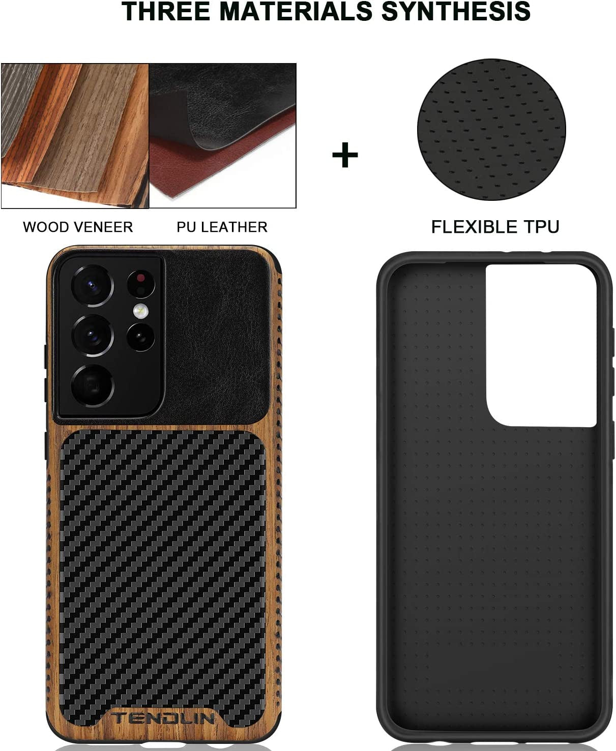 TENDLIN Compatible with Samsung Galaxy S21 Ultra Case Wood Grain with Carbon Fiber Texture Design Leather Hybrid Case (Black)  TENDLIN   