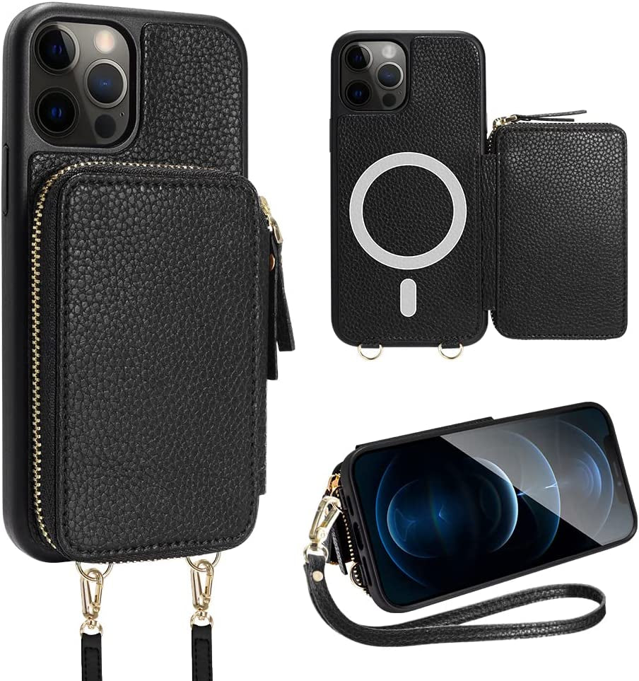 ZVE Iphone 14 Pro Crossbody Wallet Case Magsafe, Phone Case with RFID Blocking Card Holder Wrist Strap for Women, Zipper Leather Cover for Iphone 14 Pro, 6.1"-Black  ZVE Black iPhone 12 & 12 Pro 