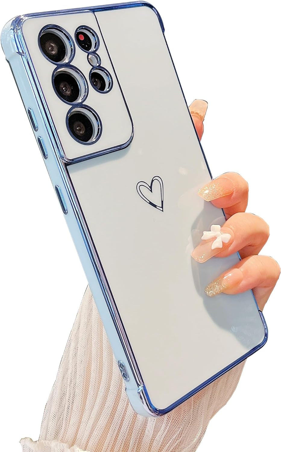 ZTOFERA Designed for Samsung Galaxy S21 Ultra 5G Case,Cute Plating Edge Love Hearts Pattern with Camera Lens Protection Phone Cover for Girls Women,Blue  ZTOFERA   