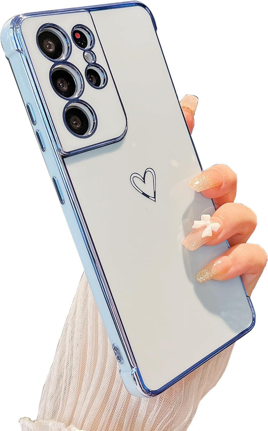 ZTOFERA Designed for Samsung Galaxy S21 Ultra 5G Case,Cute Plating Edge Love Hearts Pattern with Camera Lens Protection Phone Cover for Girls Women,Blue  ZTOFERA   