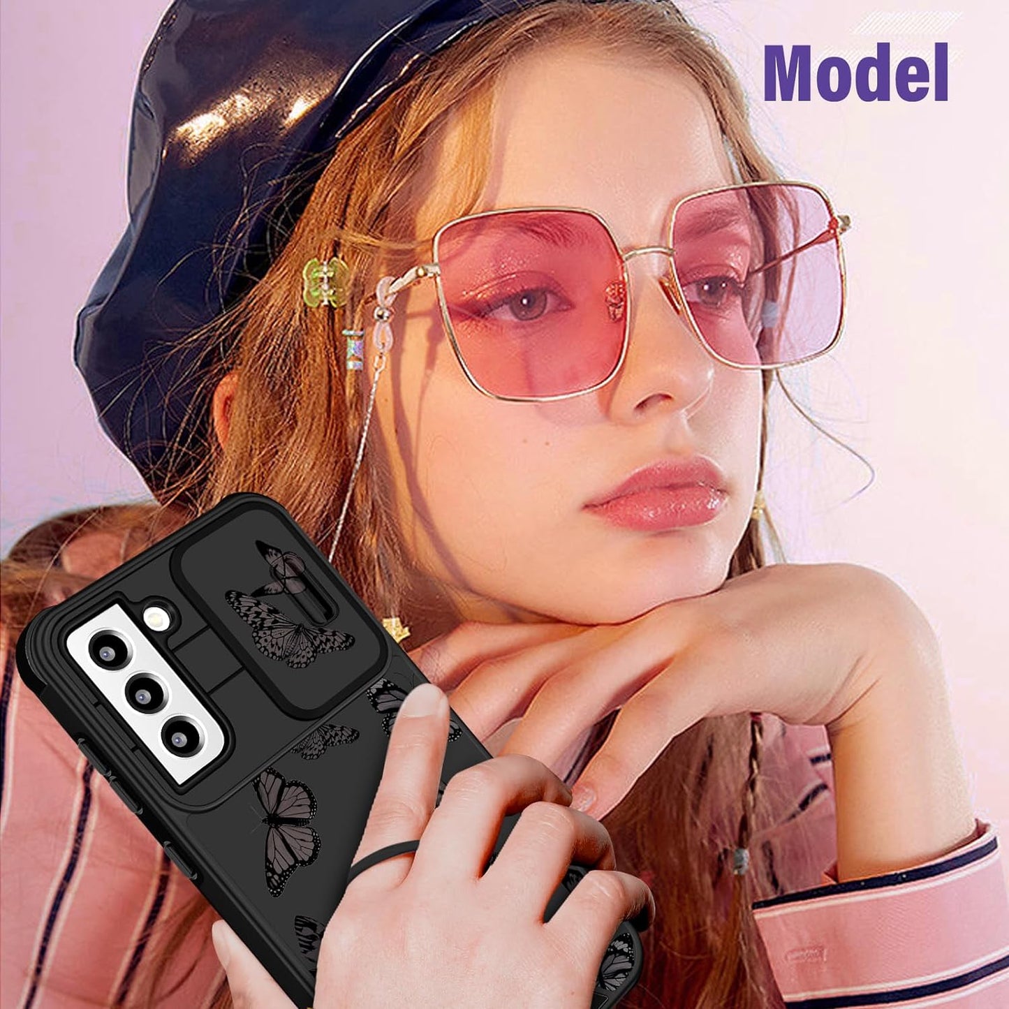 Funermei (2In1 for Samsung Galaxy S22 plus Case for Women Butterfly Cute Girls Cover Girly Pretty Kawaii Black Butterfly Design with Camera Cover and Ring Stand Funda for Galaxy S22 plus Phone Case  Funermei   