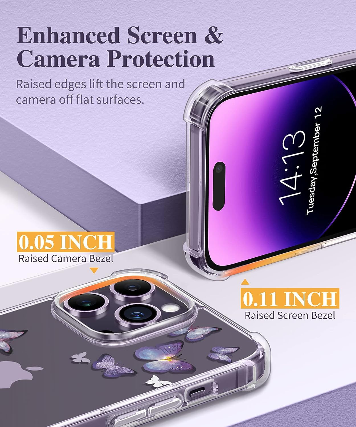 GVIEWIN Compatible with Iphone 14 Pro Case with Screen Protector & Camera Lens Protector, Floral Slim Shockproof Protective Hard PC+TPU Bumper Flower Women Cover, 6.1" 2022(Alluring Butterfly/Purple)  GVIEWIN   