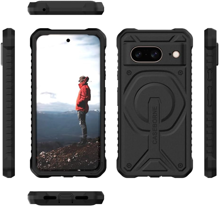 Caseborne Compatible with Google Pixel 8 Protective Case -Compatible with Magsafe, Slim yet Rugged with Tempered Glass Screen Protector and Belt Clip Holster Black  CaseBorne   