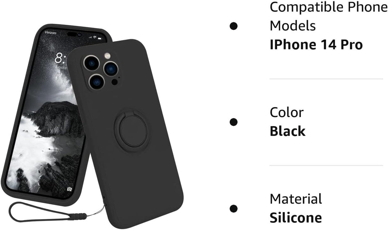 13Peas Case for Iphone 14 Pro（2022 Released）, Silicone Case with Ring 360°Rotatable Kickstand Cover Support Magnetic Car Mount，Protective Cover with Strap Lanyard (Black)  13peas   