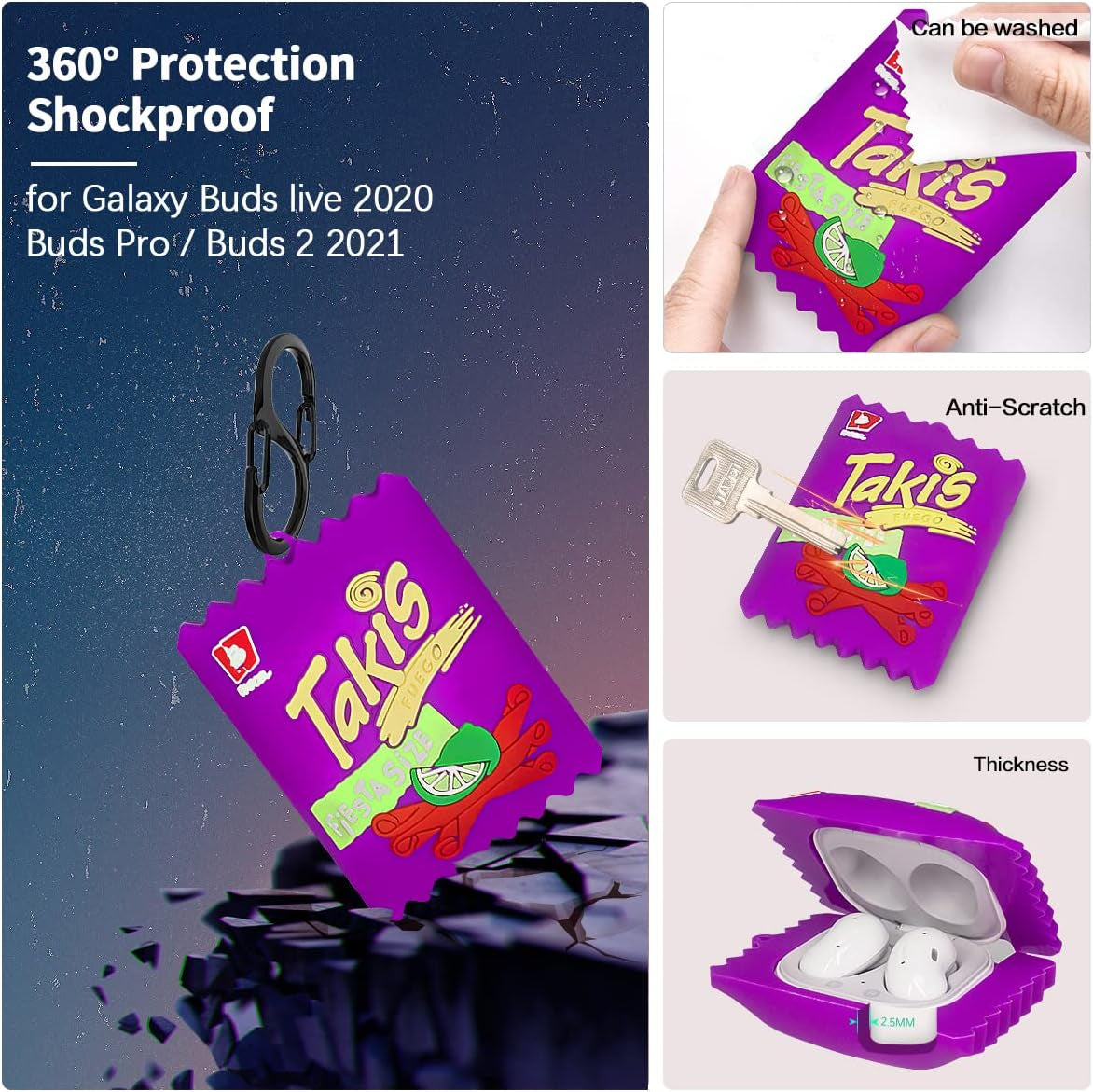 [2Pcs] Cute Case for Galaxy Buds Live Case 2020/Galaxy Buds Pro Case/Galaxy Buds 2 Case 2021, Cute 3D Fun Fashion Food Design Silicone Protective Skin for Girl Boys(Bubble Gum+Purple Potato Chips)  YIPINJIA   