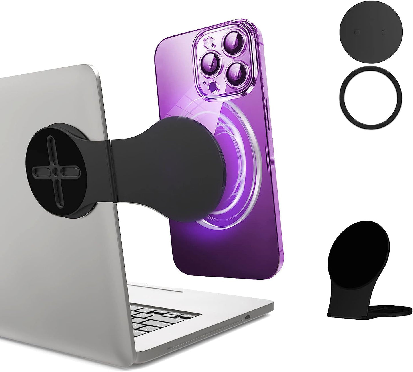 Ubeesize Magnetic Laptop Phone Holder, 180° Adjustable Continuity Camera Mount for Magsafe Iphone 14 13 12 Series, for Ios 16 & Macbook Macos 13 Ventura, Compatible with Tesla Model 3 Model Y  UBeesize 2023 Upgraded Silver Multi-functional magnetic phone holder  