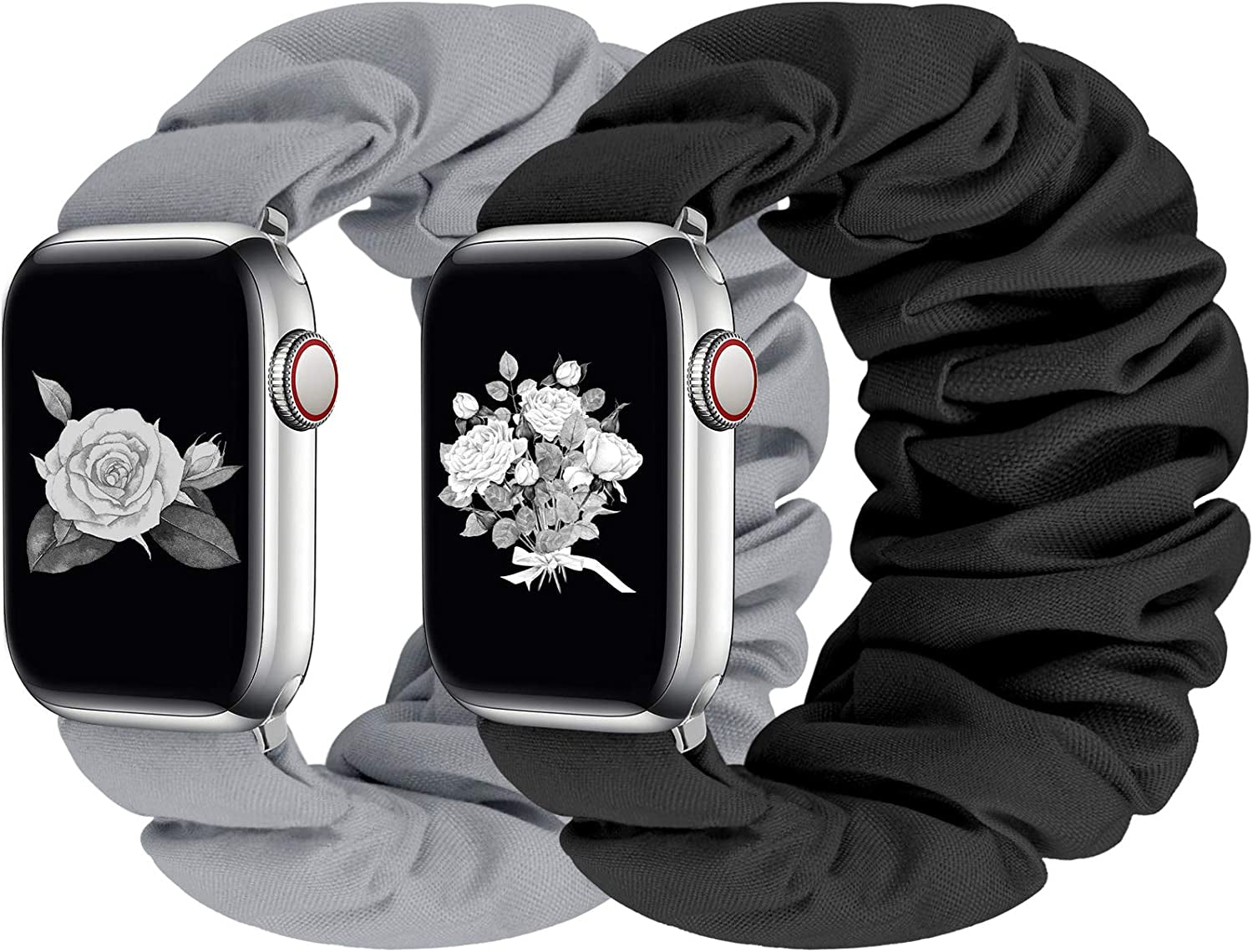 Greatfine Compatible for Apple Watch Band Scrunchie 38Mm 40Mm 41Mm 42Mm 44Mm 45Mm,Soft Elastic Scrunchie Watch Bands,With Iwatch Series 8 7 6 SE 5 4 3 2 1 Ultra,Replacement Wristband for Women(S/M)  HSELE 2PC-Black+Grey 42mm/44mm/45mm-S/M 