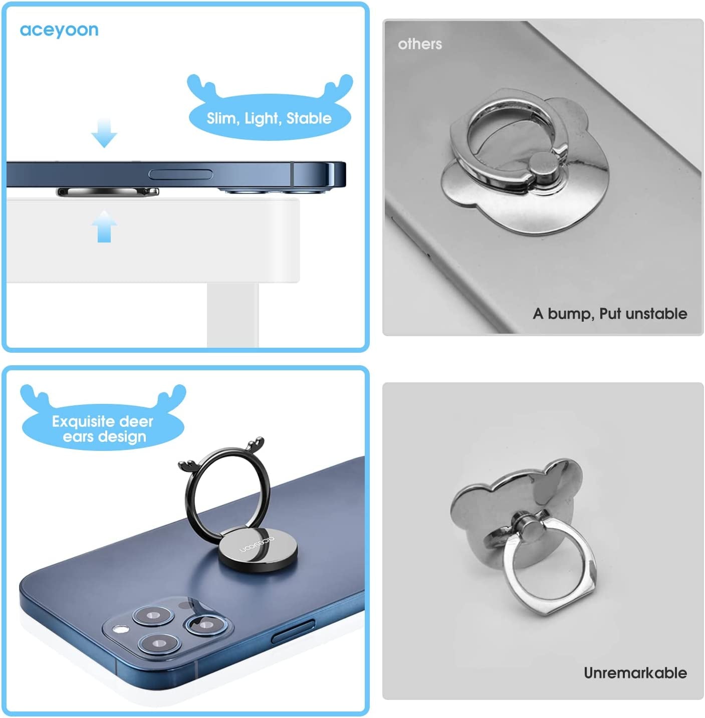 [2 Pack] Cell Phone Ring Holder, Magnetic Phone Kickstand, 360 Degree Rotation Metal Phone Ring Stand, Thin Grip Holder for Magnetic Car Mount Compatible with All Smartphone (Black)  aceyoon   