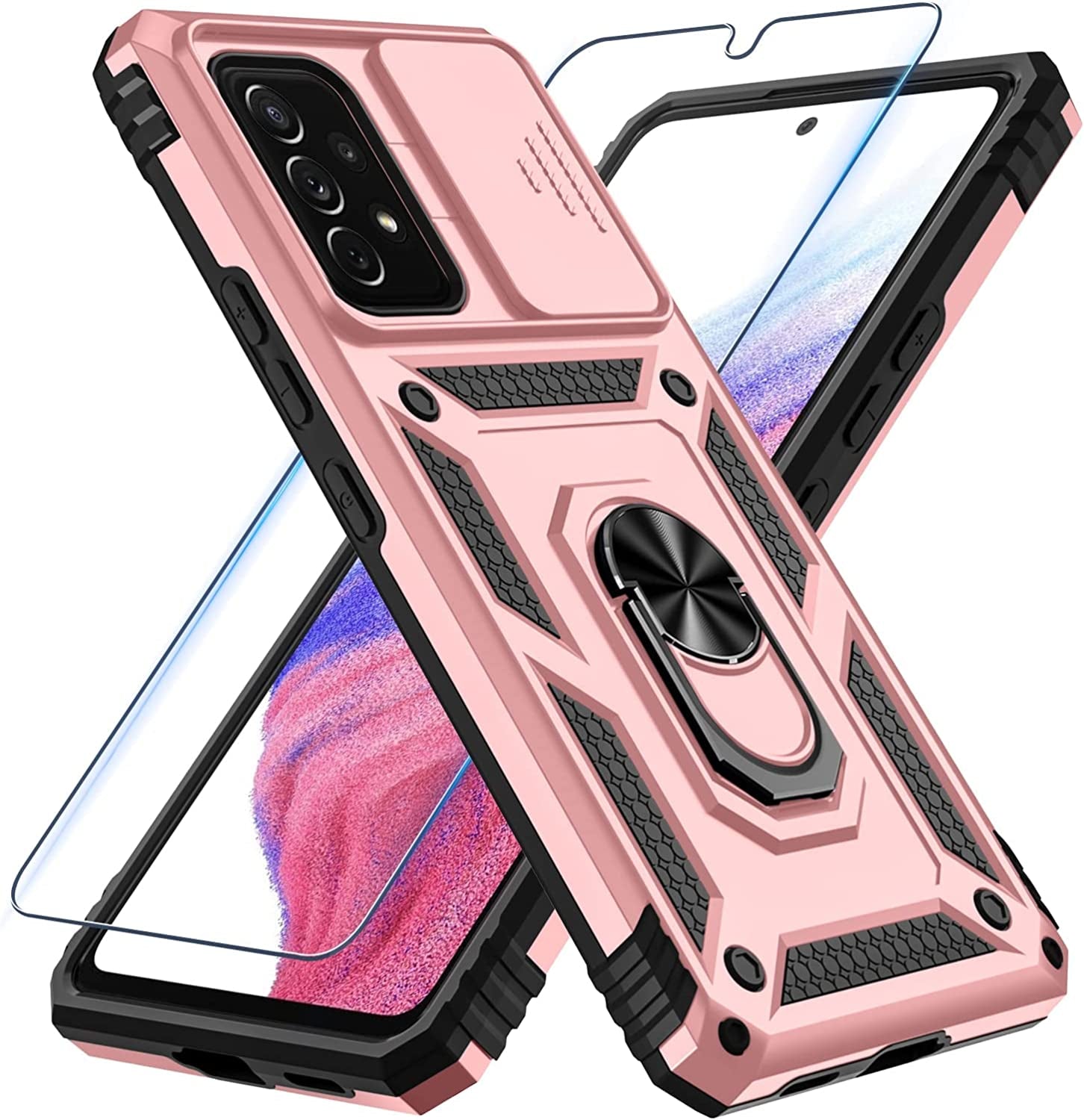 Samsung Galaxy A53 5G Case Built in Slide Camera Lens Cover and Screen Protector,Heavy Duty Shockproof Full Body Protective Phone Cover,Built in Finger Ring Stable Holder Kickstand,2022 Blue  Janmitta Y Rose Gold Samsung A53(6.5 Inch) 