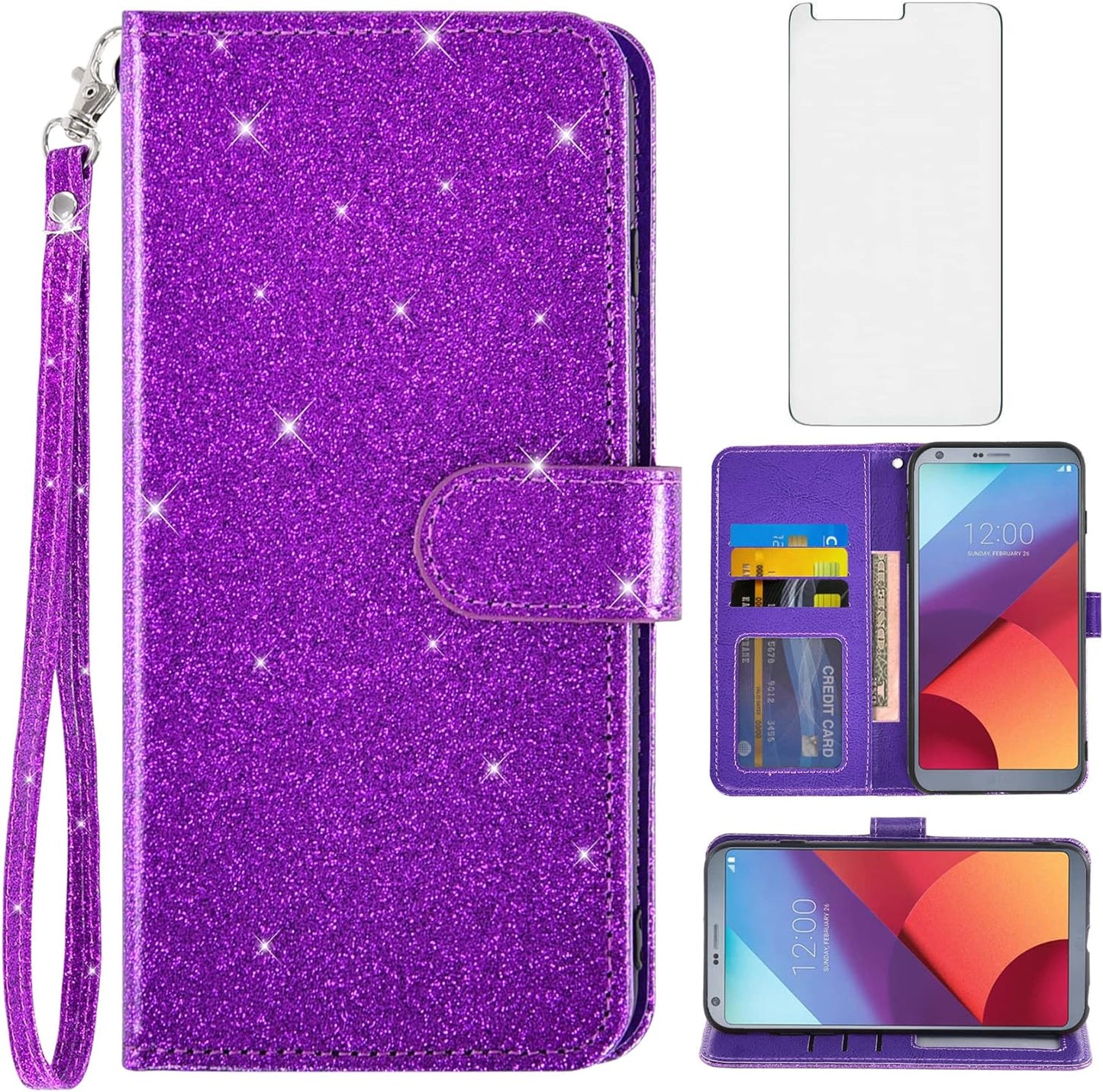 Asuwish Phone Case for LG G6 with Tempered Glass Screen Protector and Glitter Wallet Cover Card Holder Slot Stand Kickstand Cell Flip LGG6 Thinq LG6 Thin Q G 6 plus G6+ 6G VS988 H872 Women Men Purple  Asuwish   