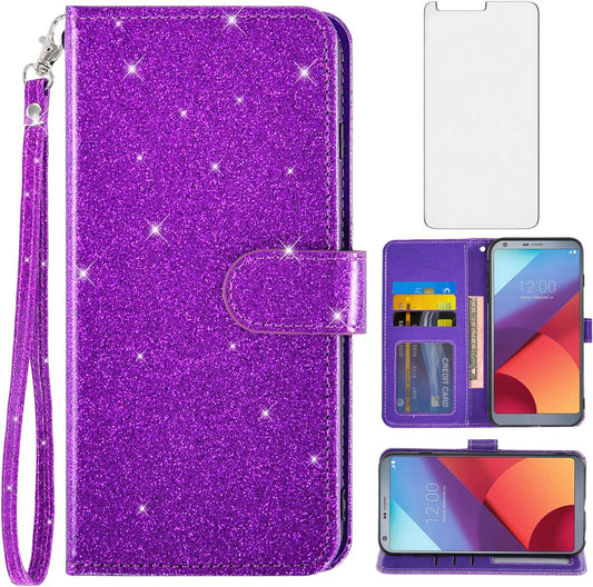 Asuwish Phone Case for LG G6 with Tempered Glass Screen Protector and Glitter Wallet Cover Card Holder Slot Stand Kickstand Cell Flip LGG6 Thinq LG6 Thin Q G 6 plus G6+ 6G VS988 H872 Women Men Purple  Asuwish   