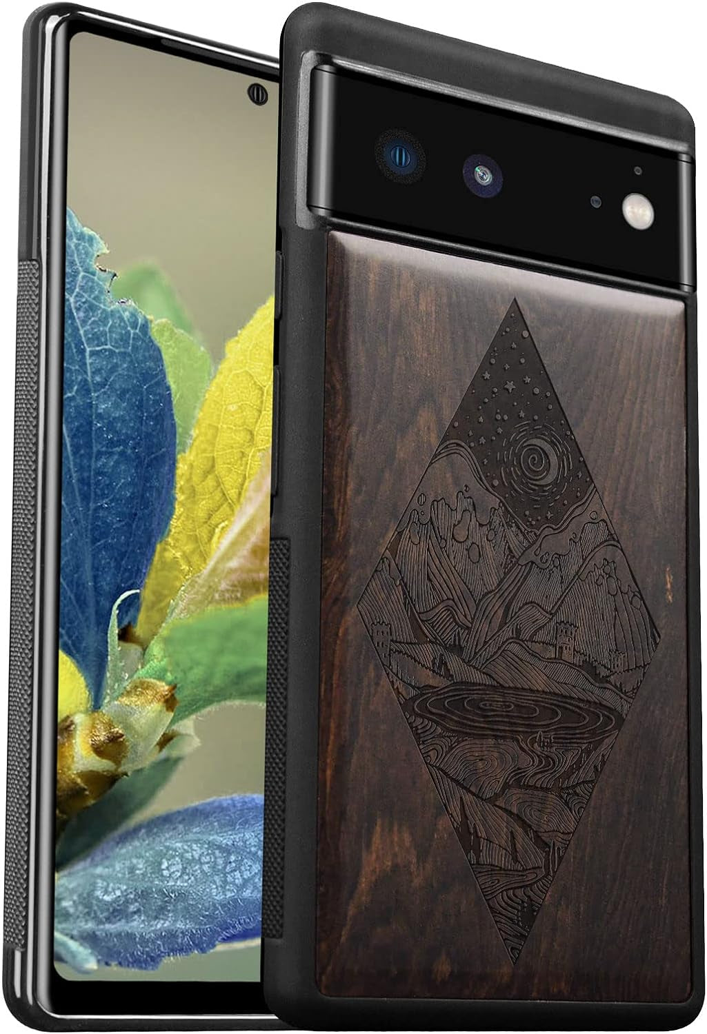 Carveit Wood Case for Pixel 6A Case 2022 [Natural Wood & Black Soft TPU] Shockproof Protective Cover Unique & Classy Wooden Case Compatible with Google Pixel 6A Case (Starry Night-Rosewood)  Carveit Blackwood-Pixel 6 Pixel 6 (6.4 Inch) 