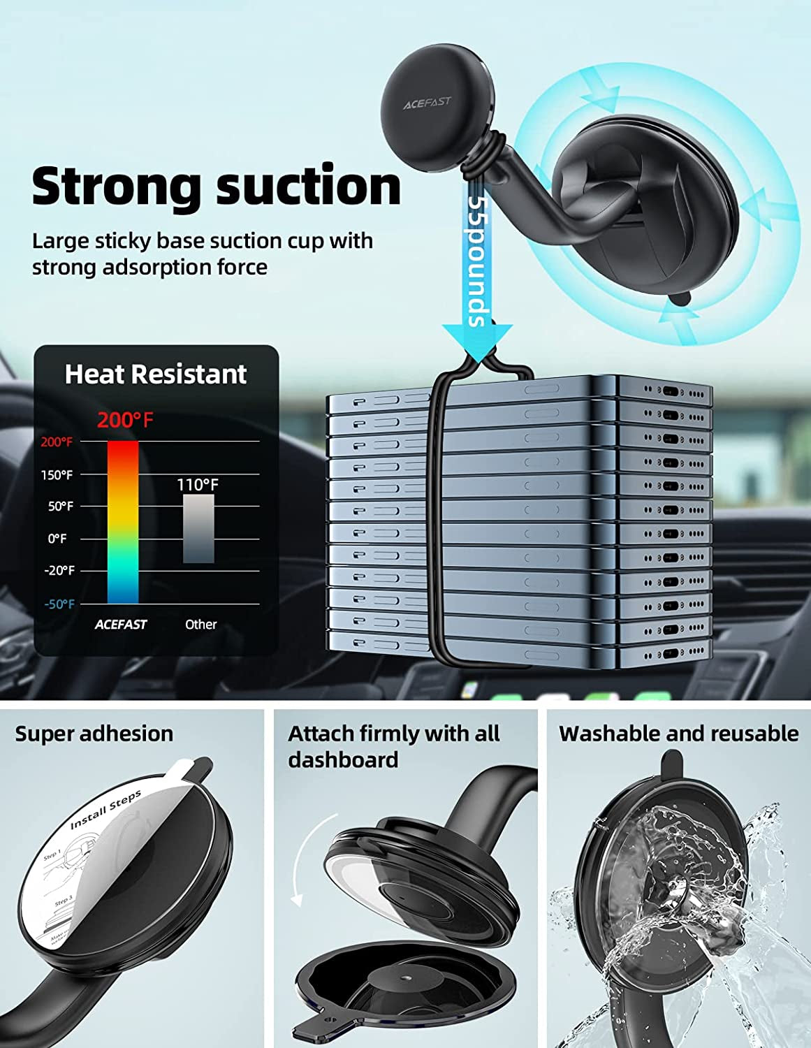 ACEFAST Magnetic Phone Car Mount, Universal Phone Car Holder Low Installation Height Built-In Four N52 Super Strong Magnets Large Sticky Base Suction Cup Dashboard Windshield Flexible Installation  ACEFAST   